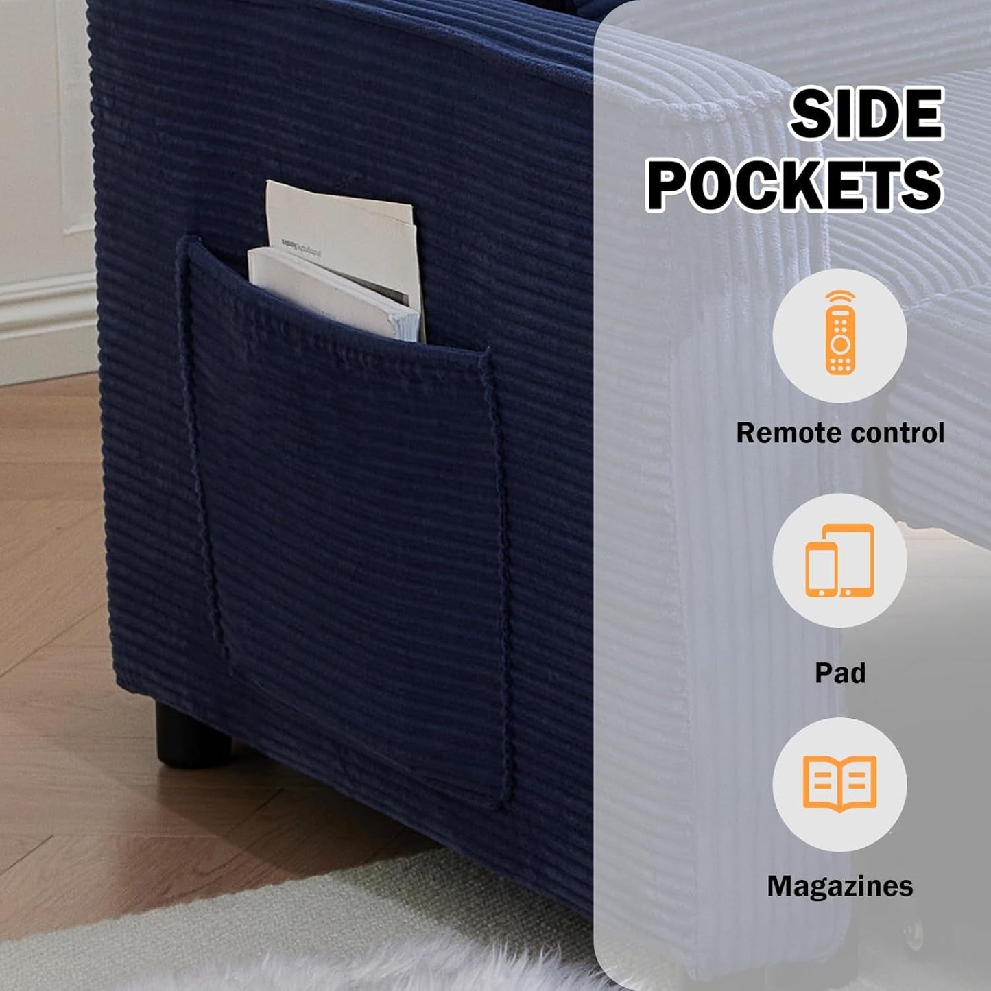 Navy Corduroy Convertible Sleeper Sofa Bed Pockets showing side pocket for storage