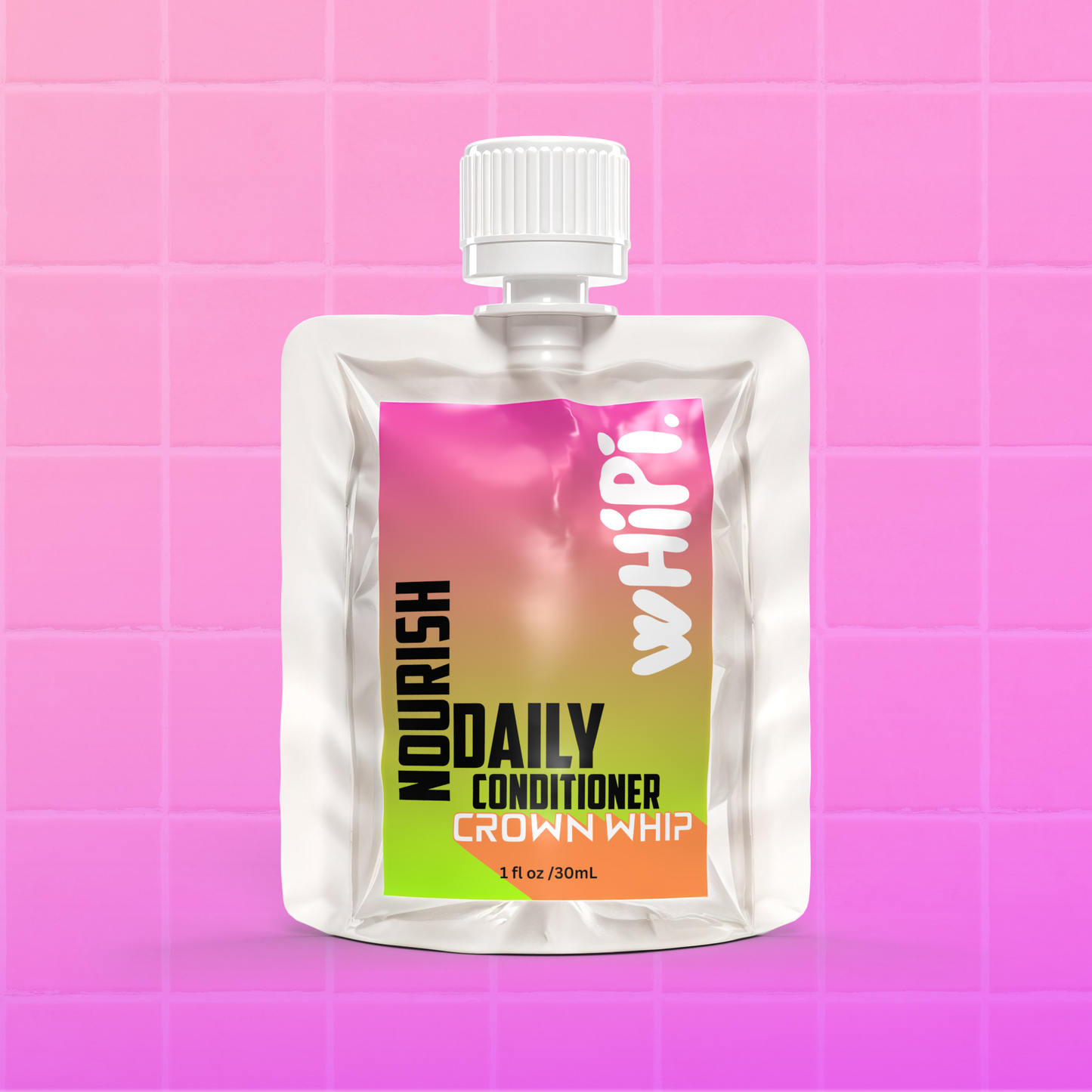 Nourish – Crown Whip Daily Conditioner packaging against a pink tiled background, showcasing the vibrant design.