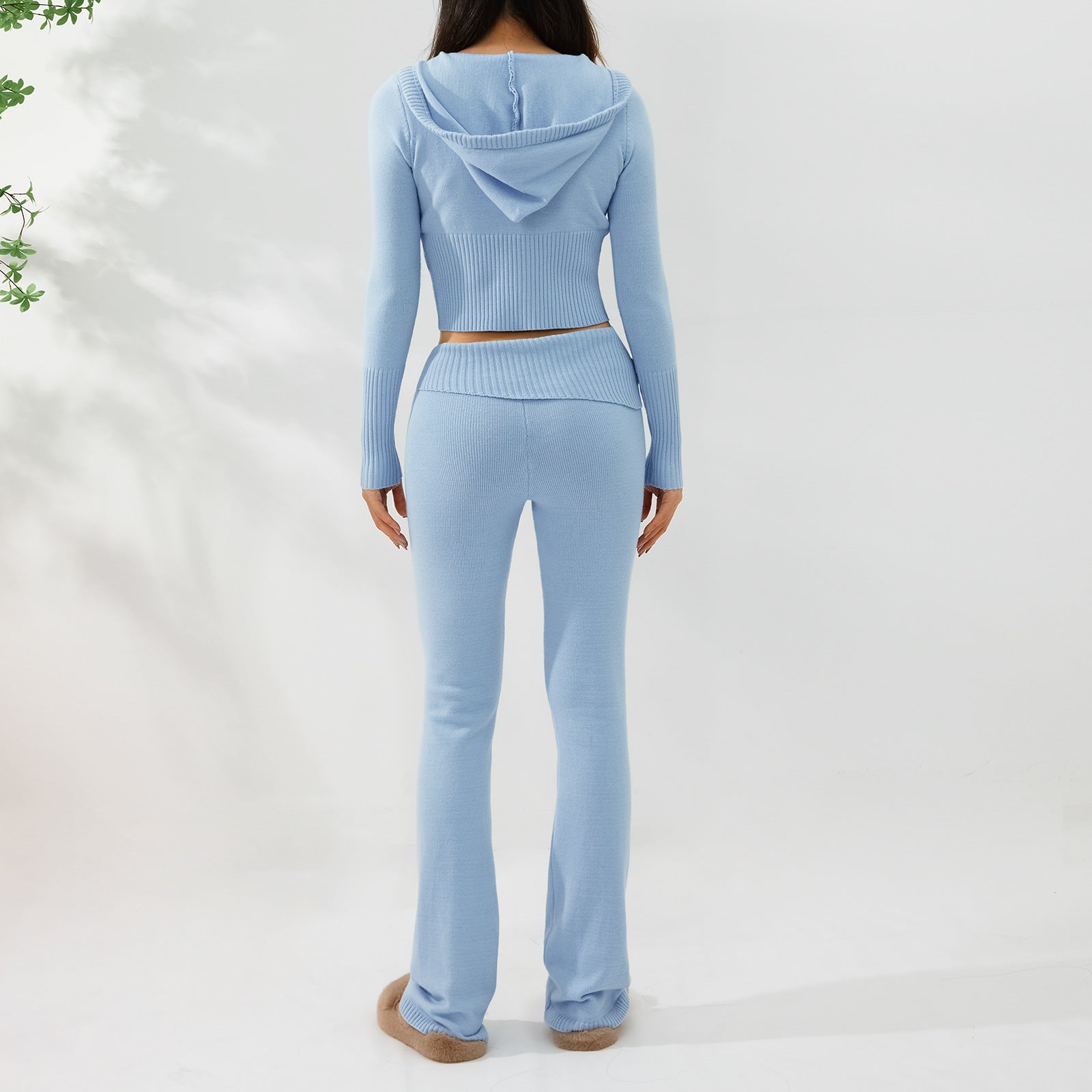 Back view of Women’s Knitted Hooded Two-Piece Set – Cardigan & High-Waisted Pants Suit in light blue color.