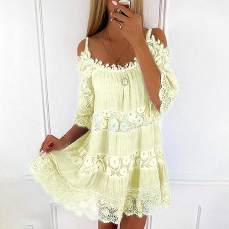 Lace Embrace Summer Sling Dress featuring delicate lace, lightweight polyester, short cake skirt, straight neckline, and flying sleeves.