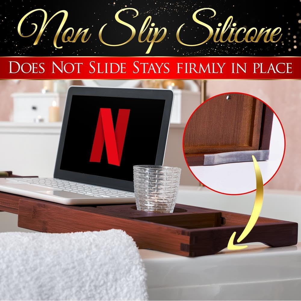 Bamboo Bathtub Caddy Tray – Expandable Waterproof Bath Tray with Wine Glass Holder, Tablet Stand & Removable Accessory Slots – Eco-Friendly