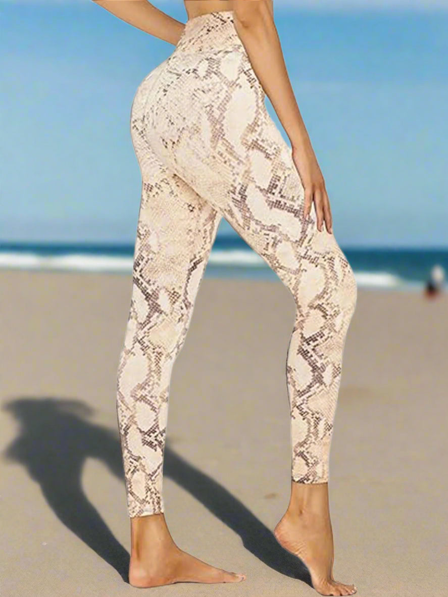 Cropped High-Waisted Leggings – Snake Print Workout Pants