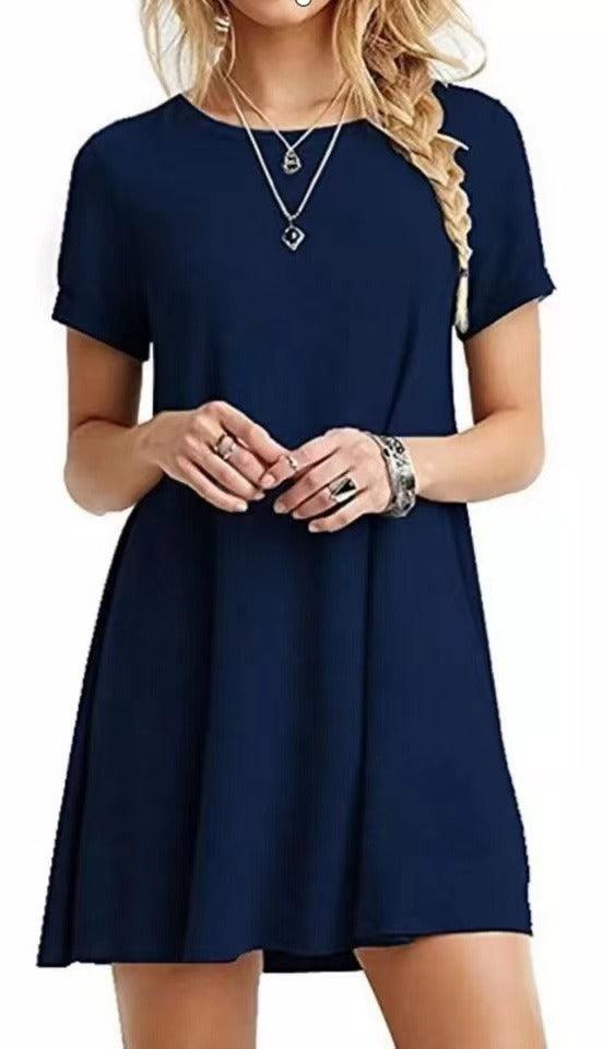 Cowgirl Chic Casual Short Sleeved Dress in navy blue, stylish and comfortable for a casual cowgirl look.