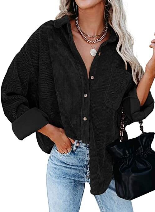 Corduroy Country Chic Shirt – Stylish Single-Breasted Cowgirl Shirt in black on a woman with chic accessories.