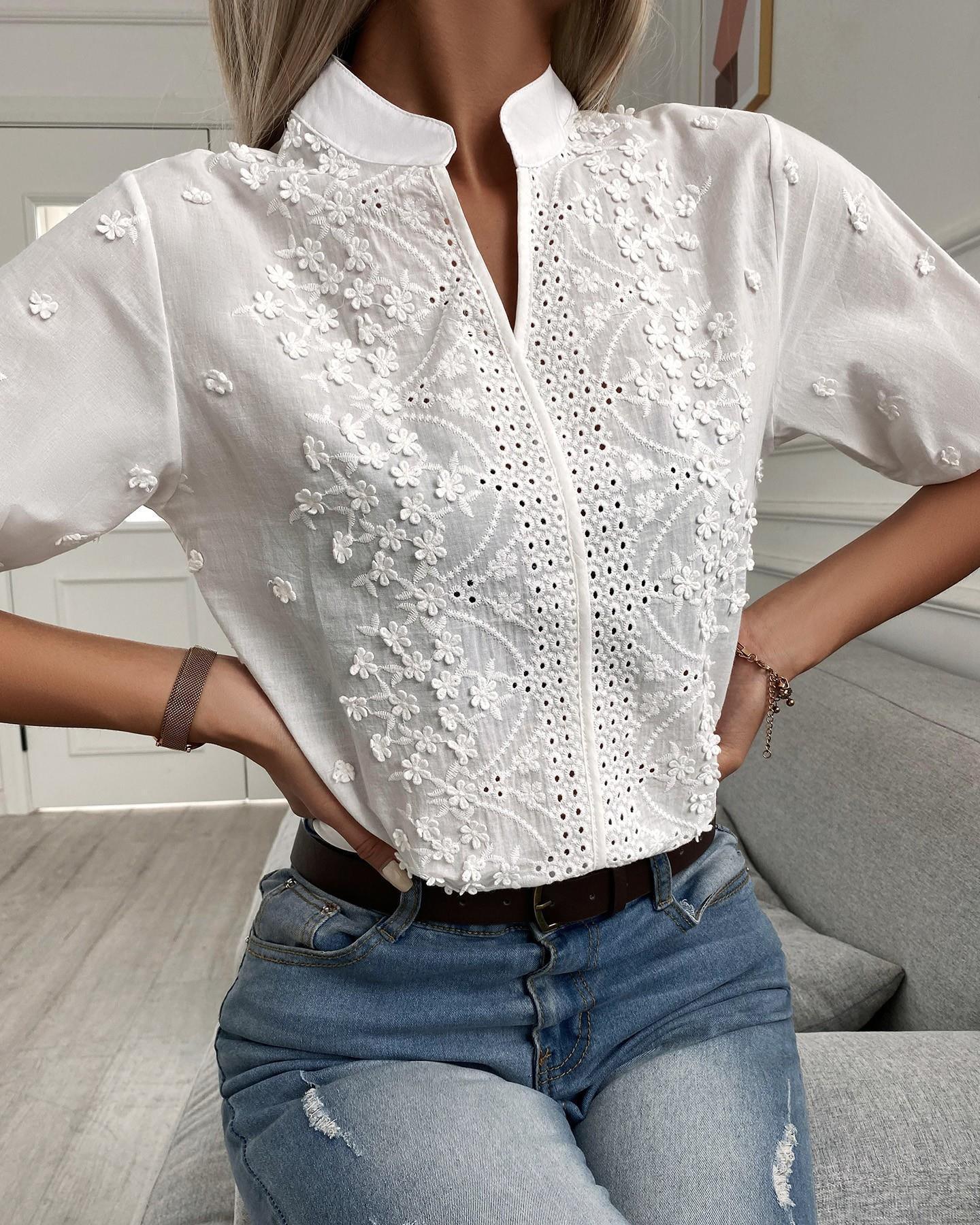 French Lace Embroidered Top - Stylish Stand Up Collar Top for Trendy Women in Acadia White with floral embroidery and short sleeves.