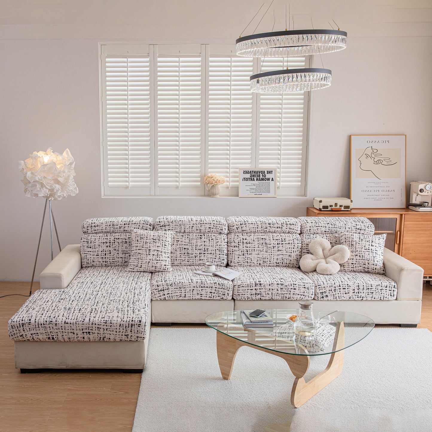 Stylish living room with Stretch Individual Cushion Slipcovers, Furniture Protector with Elastic Bottom on modern sofa.