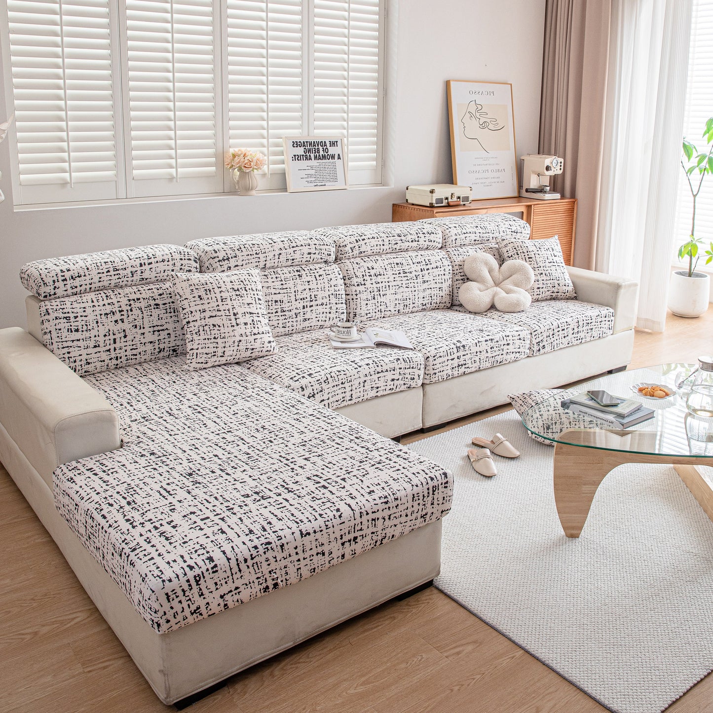 Stretch Individual Cushion Slipcovers, Furniture Protector with Elastic Bottom, Couch Cover Replacement on modern sectional sofa