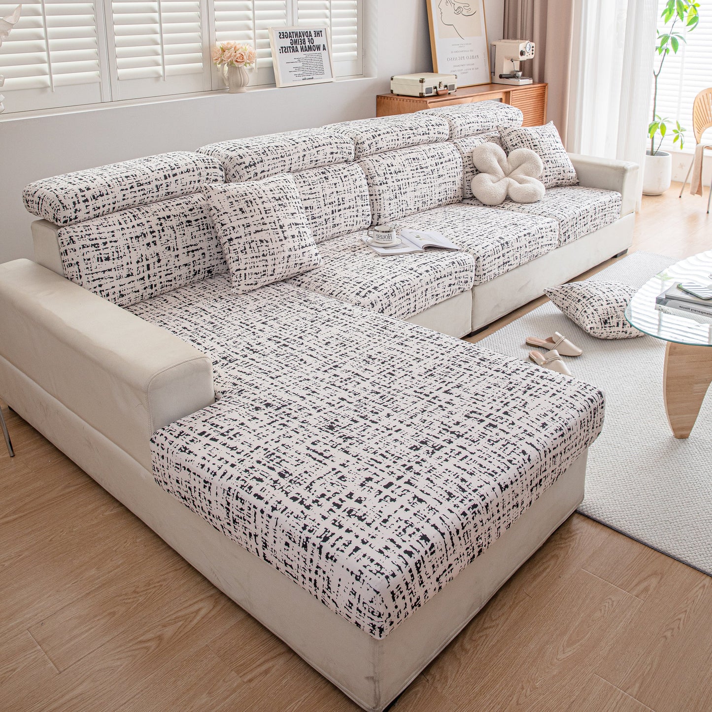Stretch Individual Cushion Slipcovers, Furniture Protector with Elastic Bottom covering a modern sofa in a stylish living room.