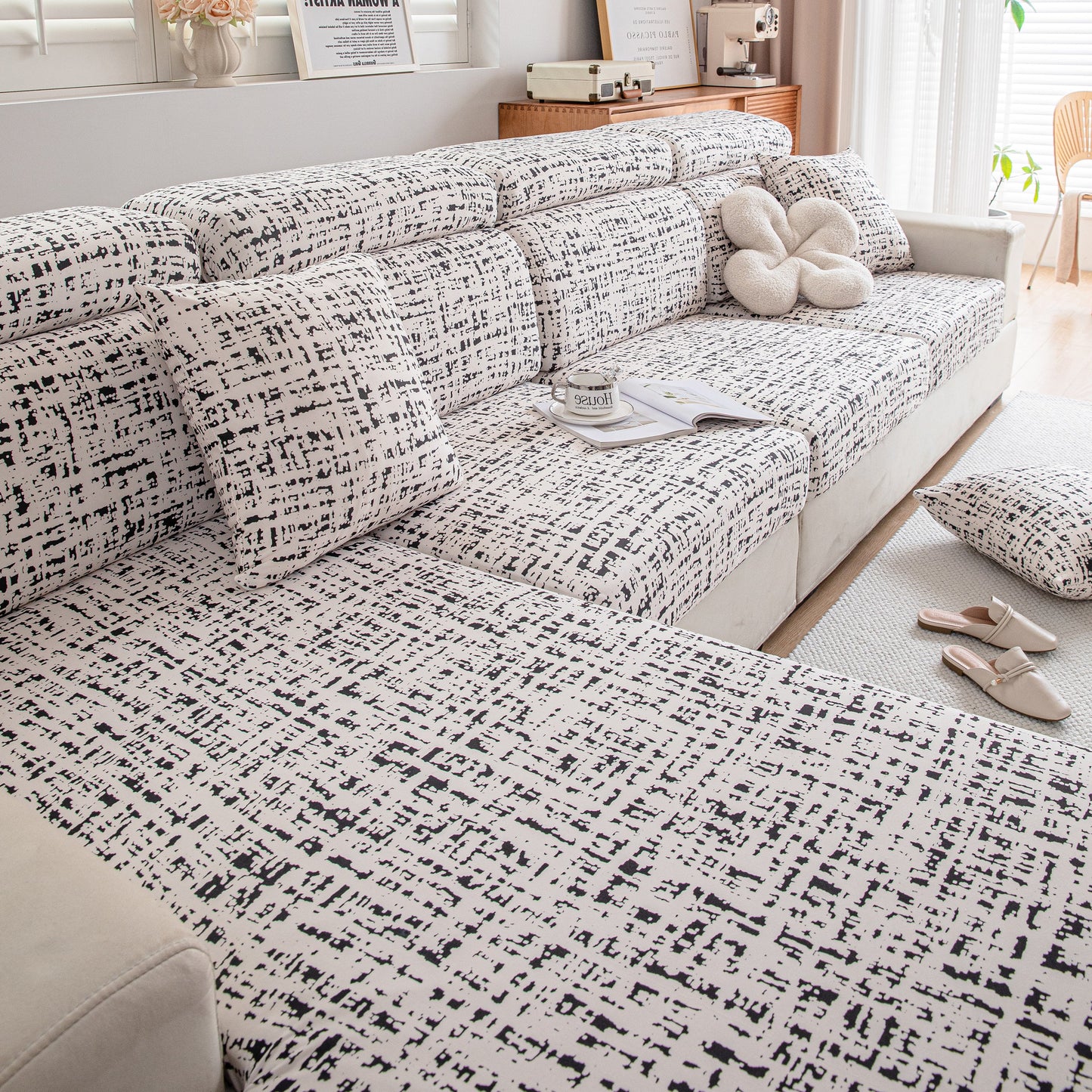 Stretch Individual Cushion Slipcovers, Furniture Protector with Elastic Bottom, Couch Cover Replacement on a patterned sofa.