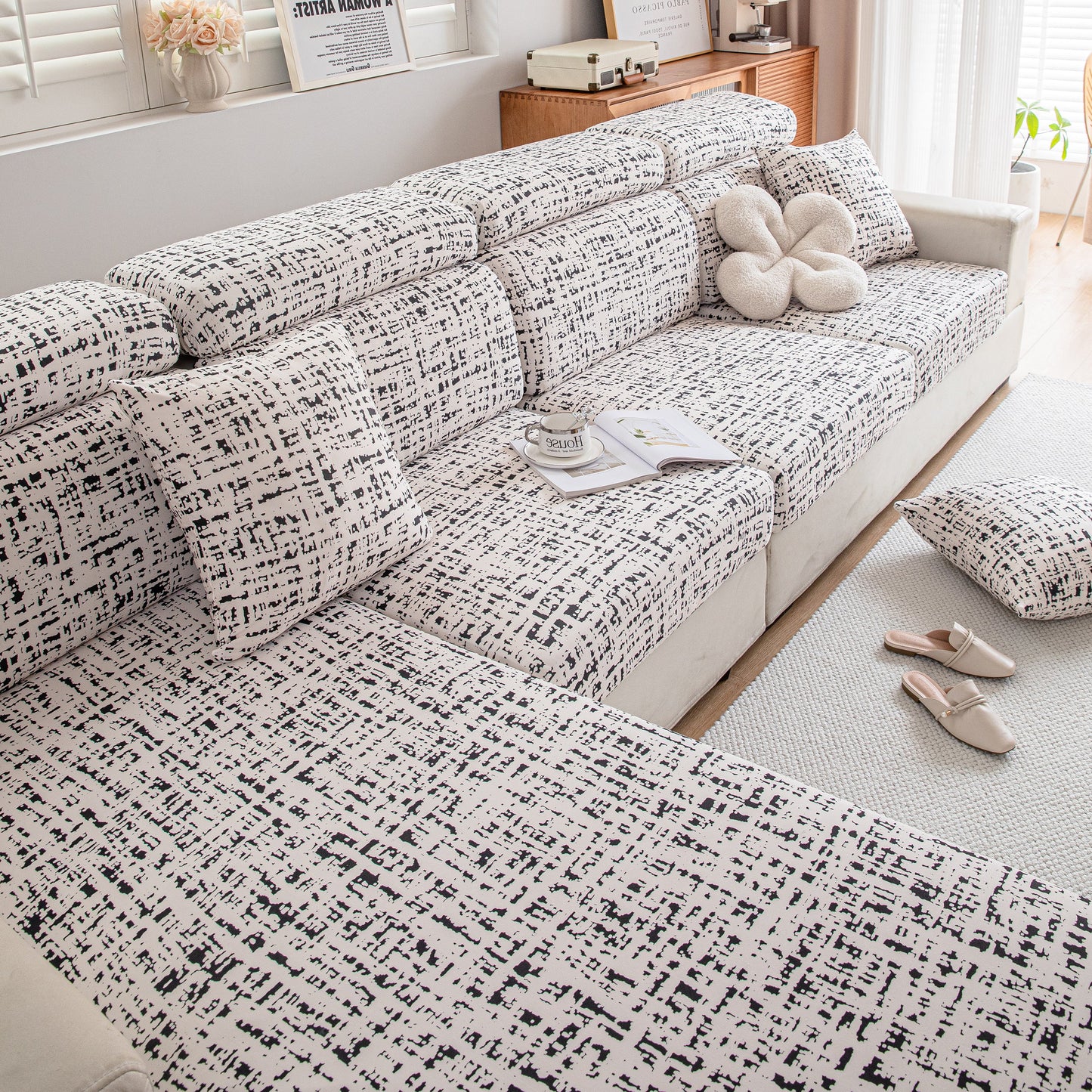 Stretch Individual Cushion Slipcovers, Furniture Protector with Elastic Bottom, Couch Cover Replacement on modern sectional sofa
