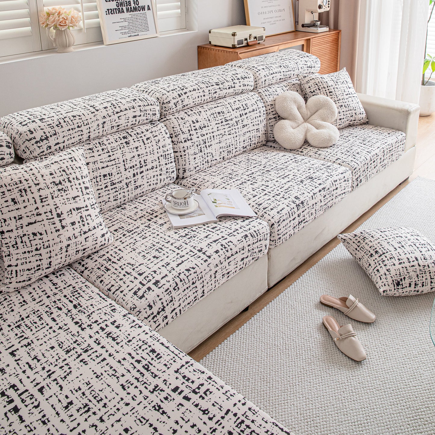 Stretch Individual Cushion Slipcovers, Furniture Protector with Elastic Bottom on modern sofa in cozy living room setup.