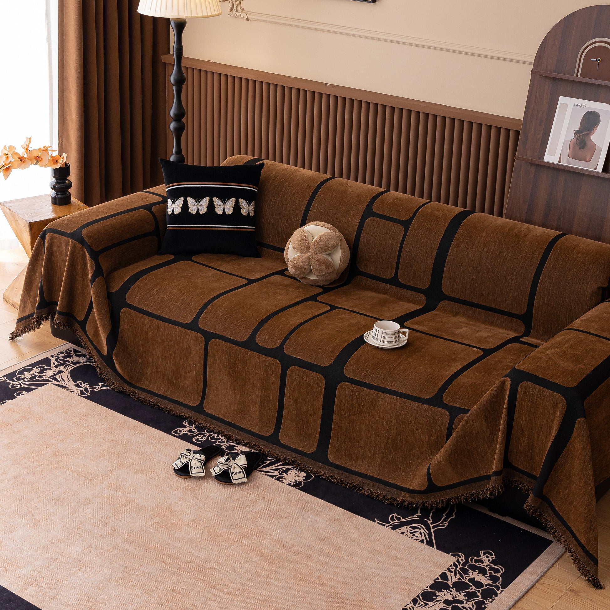 Modern Geometric Sofa Cover Decorative Couch Throw Blanket Furniture Protector in living room setting with pillows and decor.