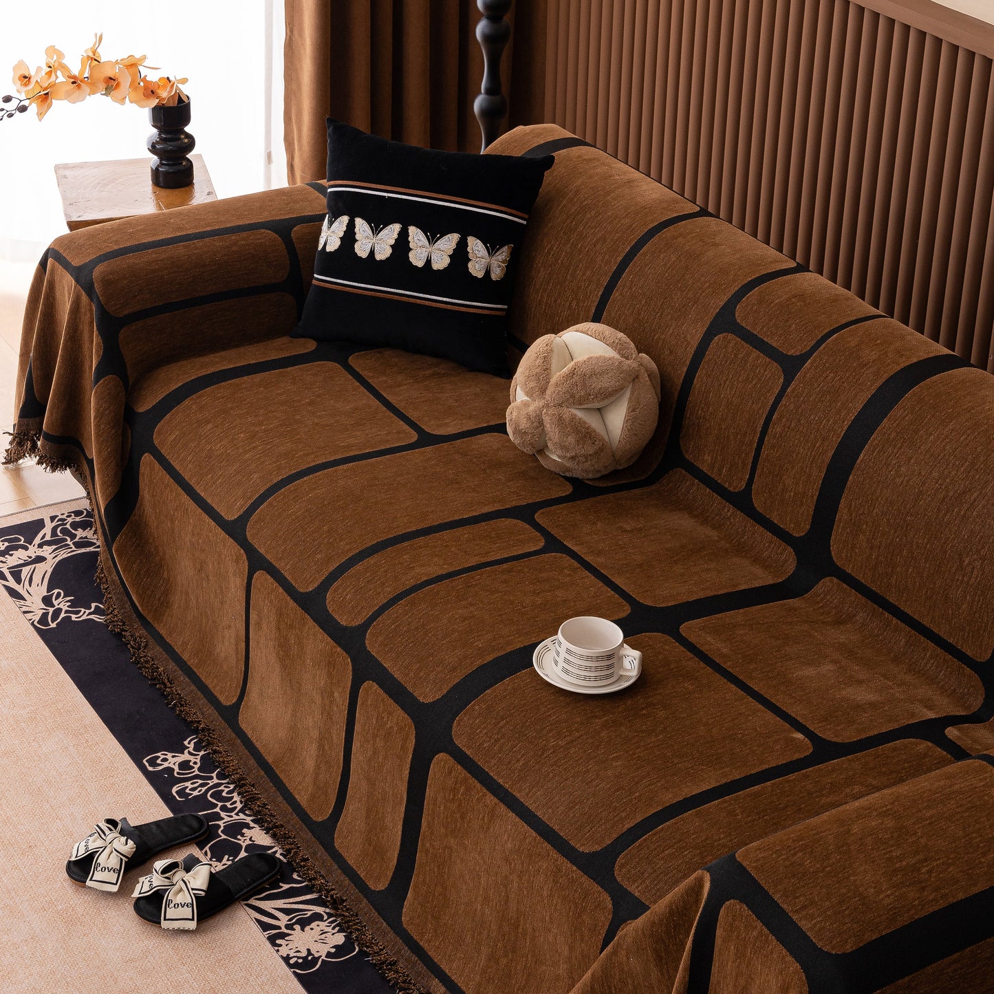 Modern Geometric Sofa Cover Decorative Couch Throw Blanket Furniture Protector in brown chenille with tassel edges.