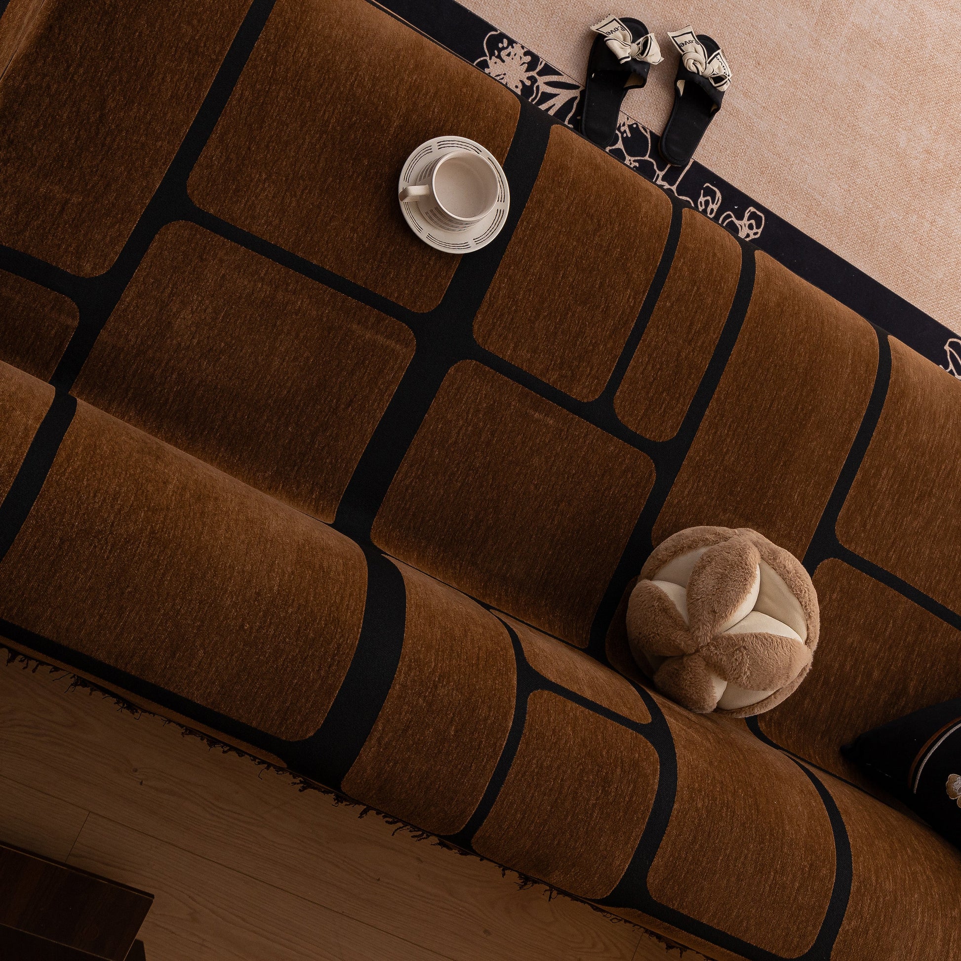 Modern Geometric Sofa Cover Decorative Couch Throw Blanket Furniture Protector on brown sofa with coffee cup and cushion