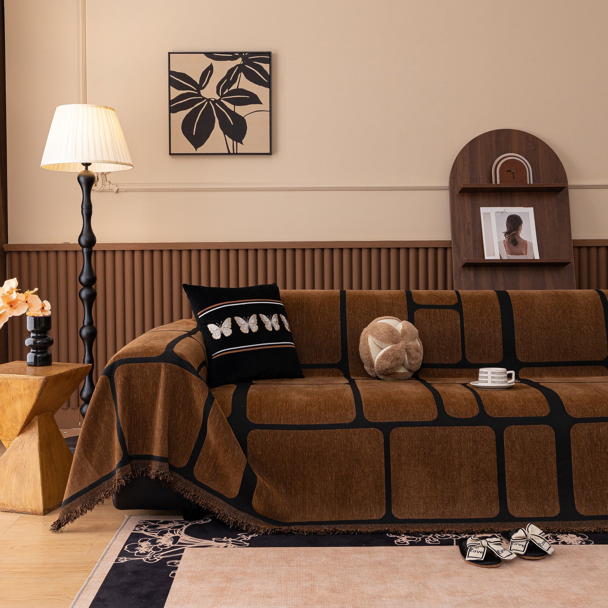 Modern Geometric Sofa Cover Decorative Couch Throw Blanket Furniture Protector in a living room setting with geometric pattern.