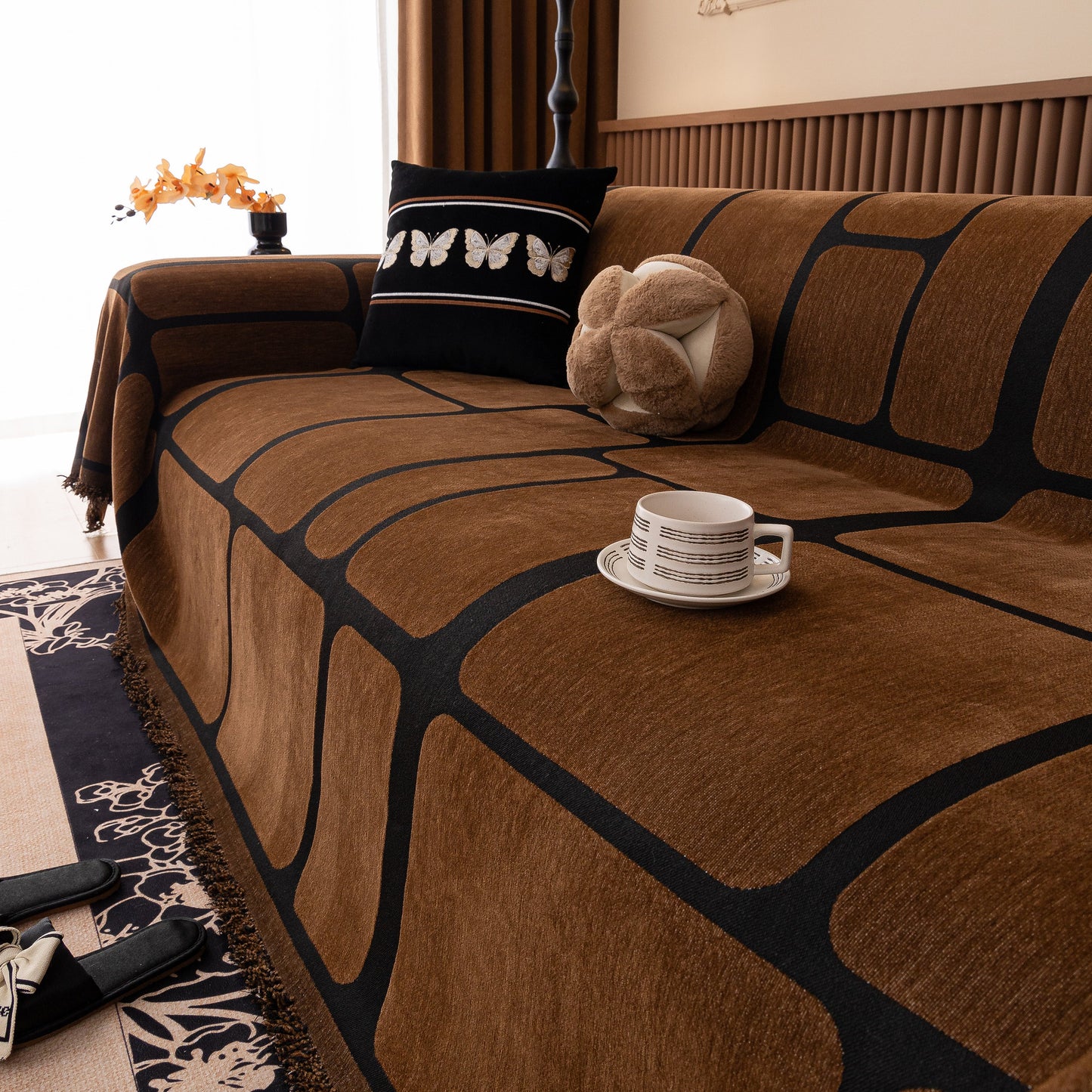Modern Geometric Sofa Cover Decorative Couch Throw Blanket Furniture Protector with chenille fabric and tassel edges
