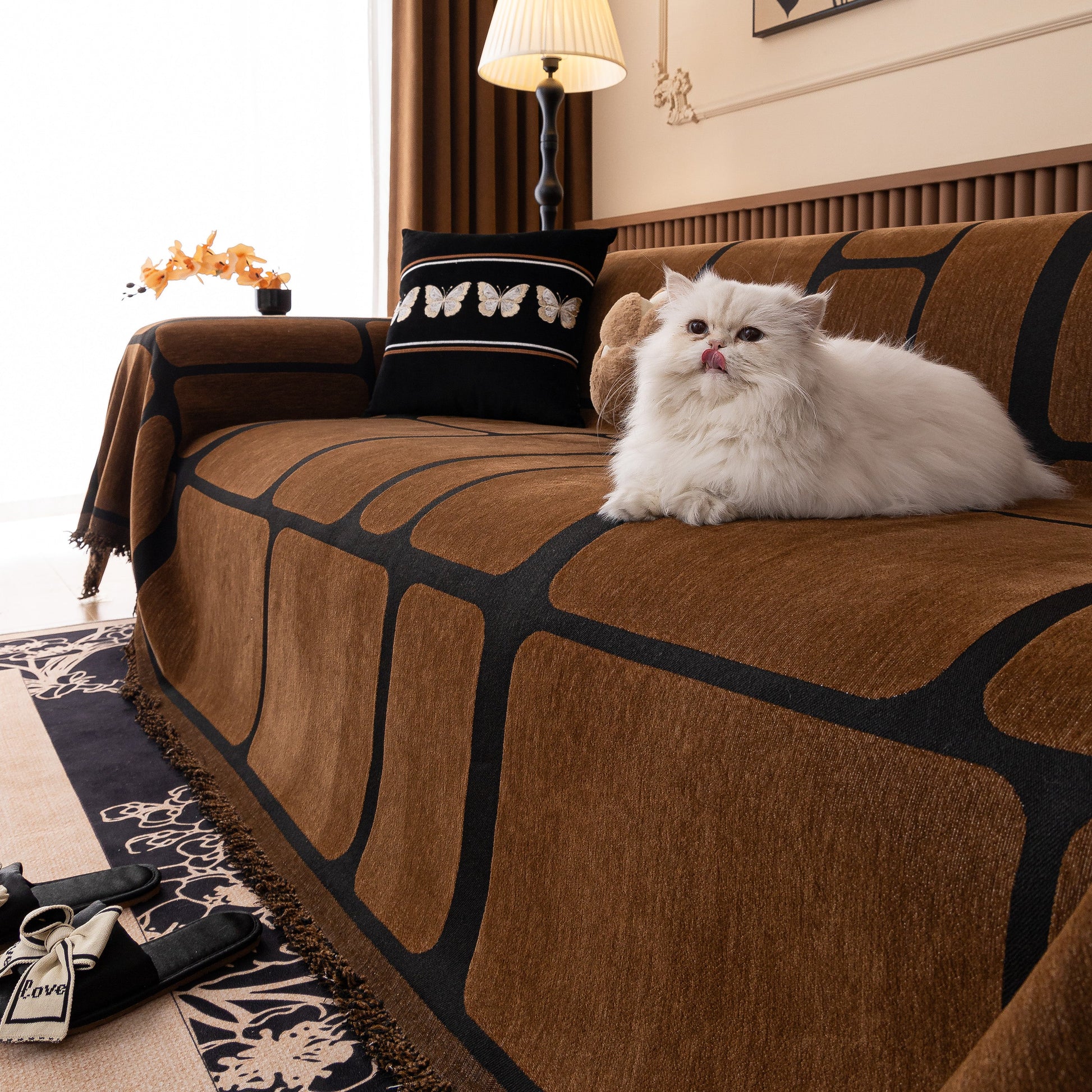Modern Geometric Sofa Cover Decorative Couch Throw Blanket Furniture Protector with cat lounging on cover