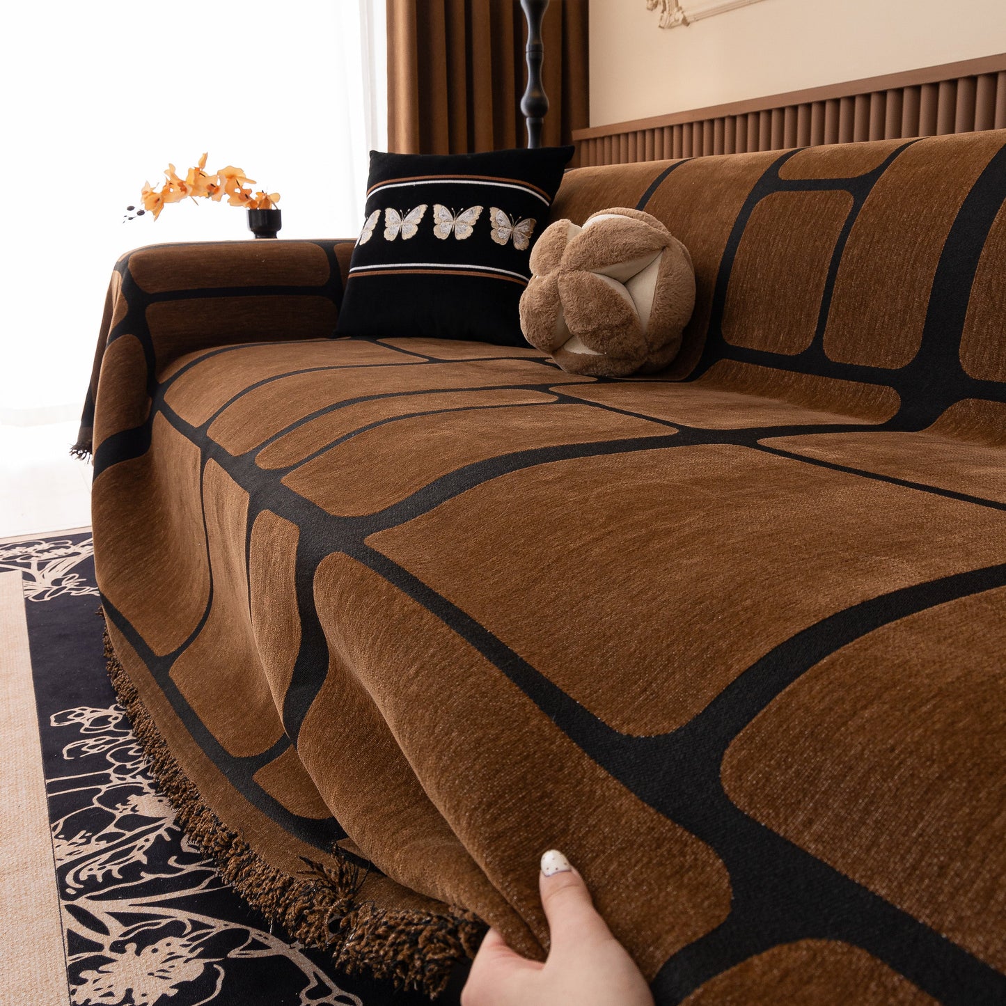 Modern Geometric Sofa Cover Decorative Couch Throw Blanket Furniture Protector in brown chenille fabric with geometric pattern