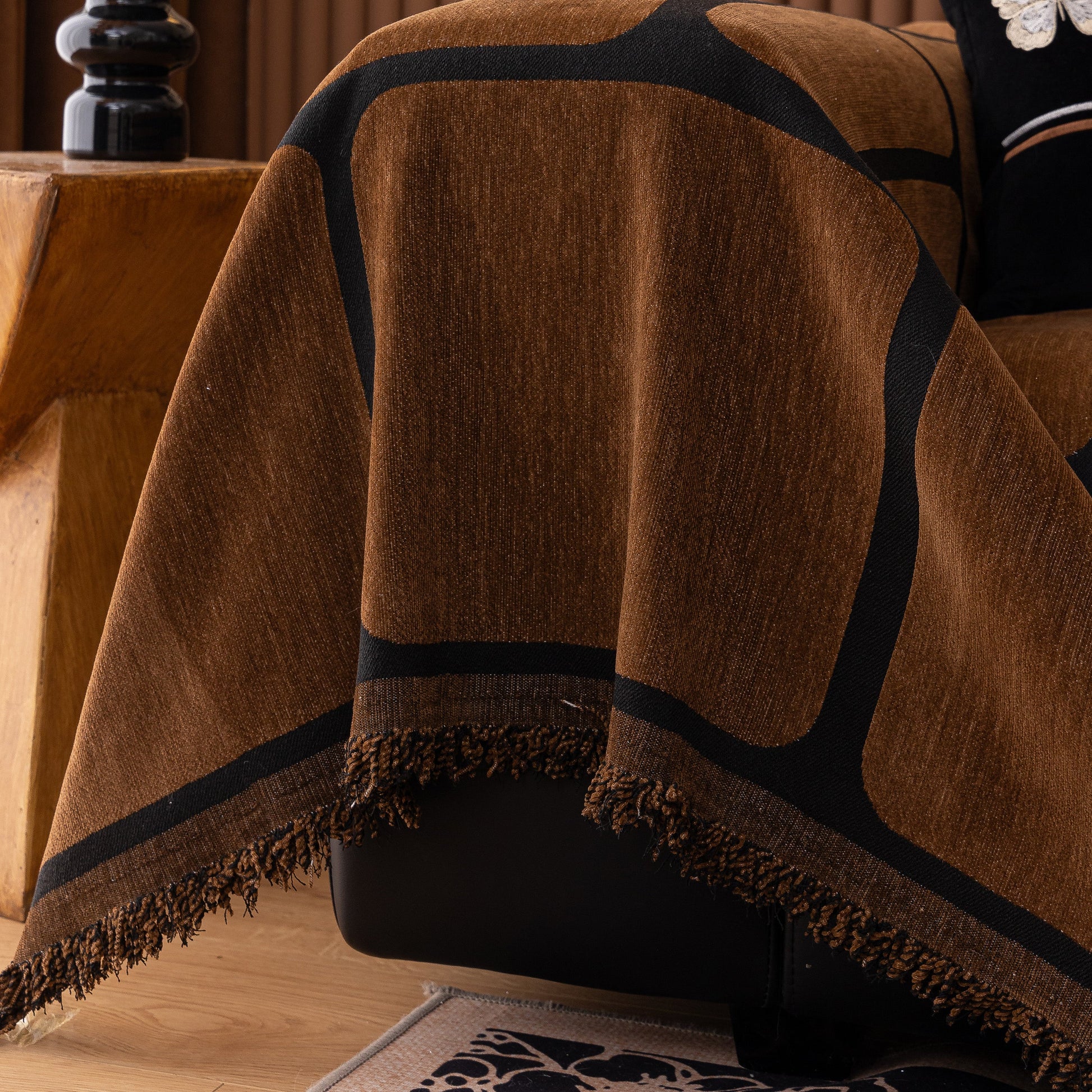 Modern Geometric Sofa Cover Decorative Couch Throw Blanket Furniture Protector in brown chenille with tassel edges