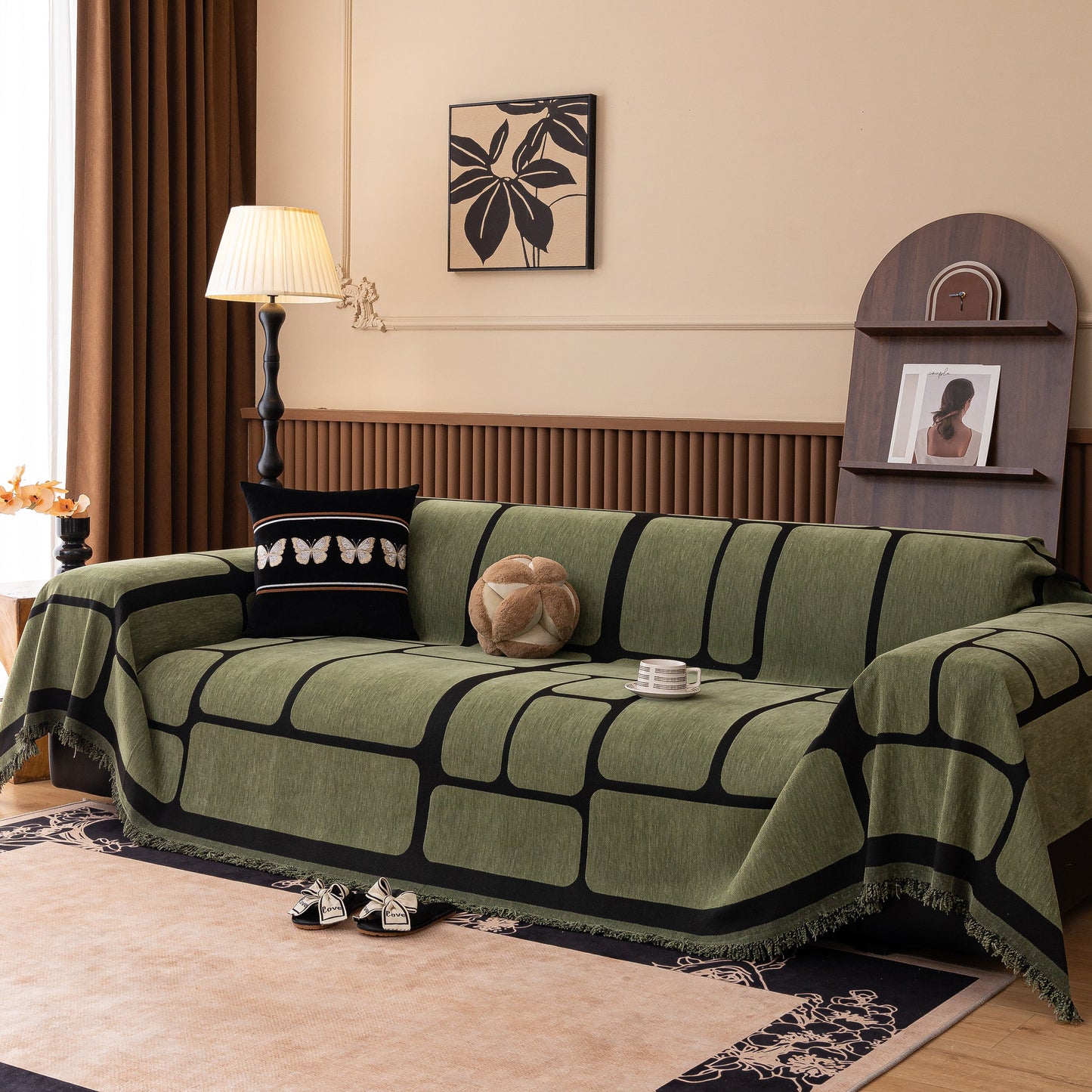 Modern Geometric Sofa Cover Decorative Couch Throw Blanket Furniture Protector in a living room setting with tassel edges.