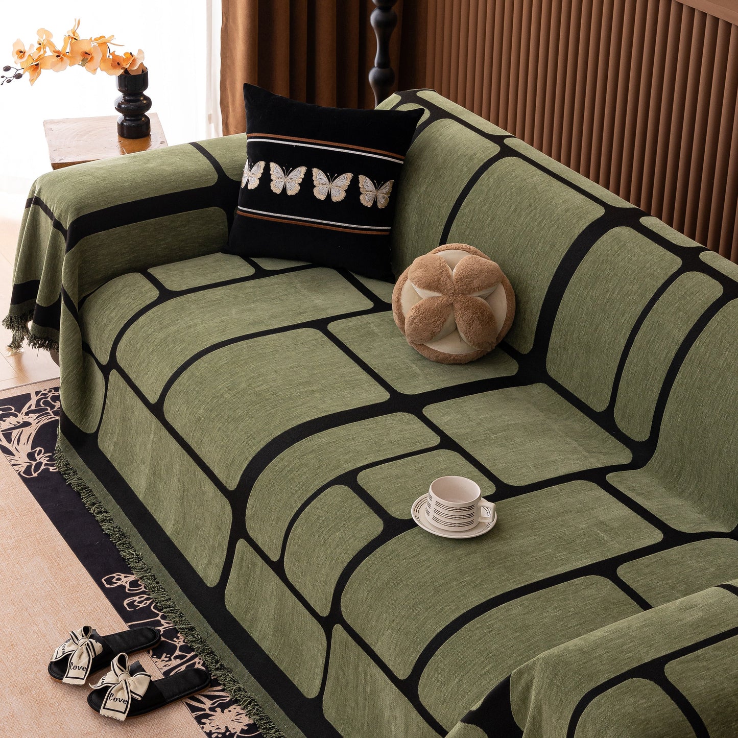 Modern Geometric Sofa Cover Decorative Couch Throw Blanket Furniture Protector with tassels on a styled living room sofa