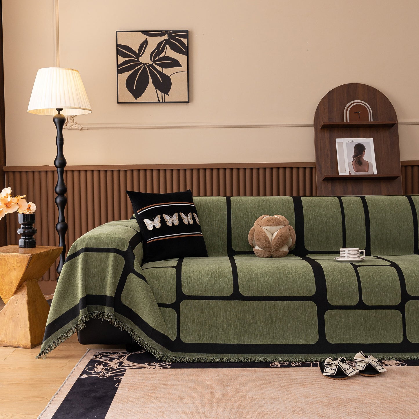 Modern Geometric Sofa Cover Decorative Couch Throw Blanket Furniture Protector in a stylish living room setting with green design.