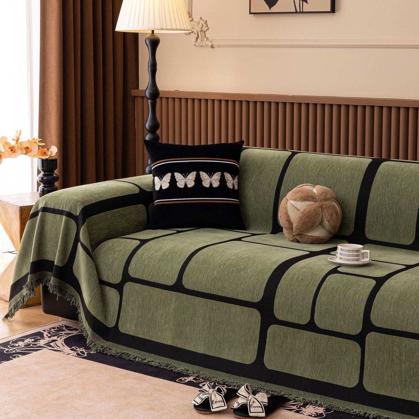 Modern Geometric Sofa Cover Decorative Couch Throw Blanket Furniture Protector with chenille fabric and tassel edges
