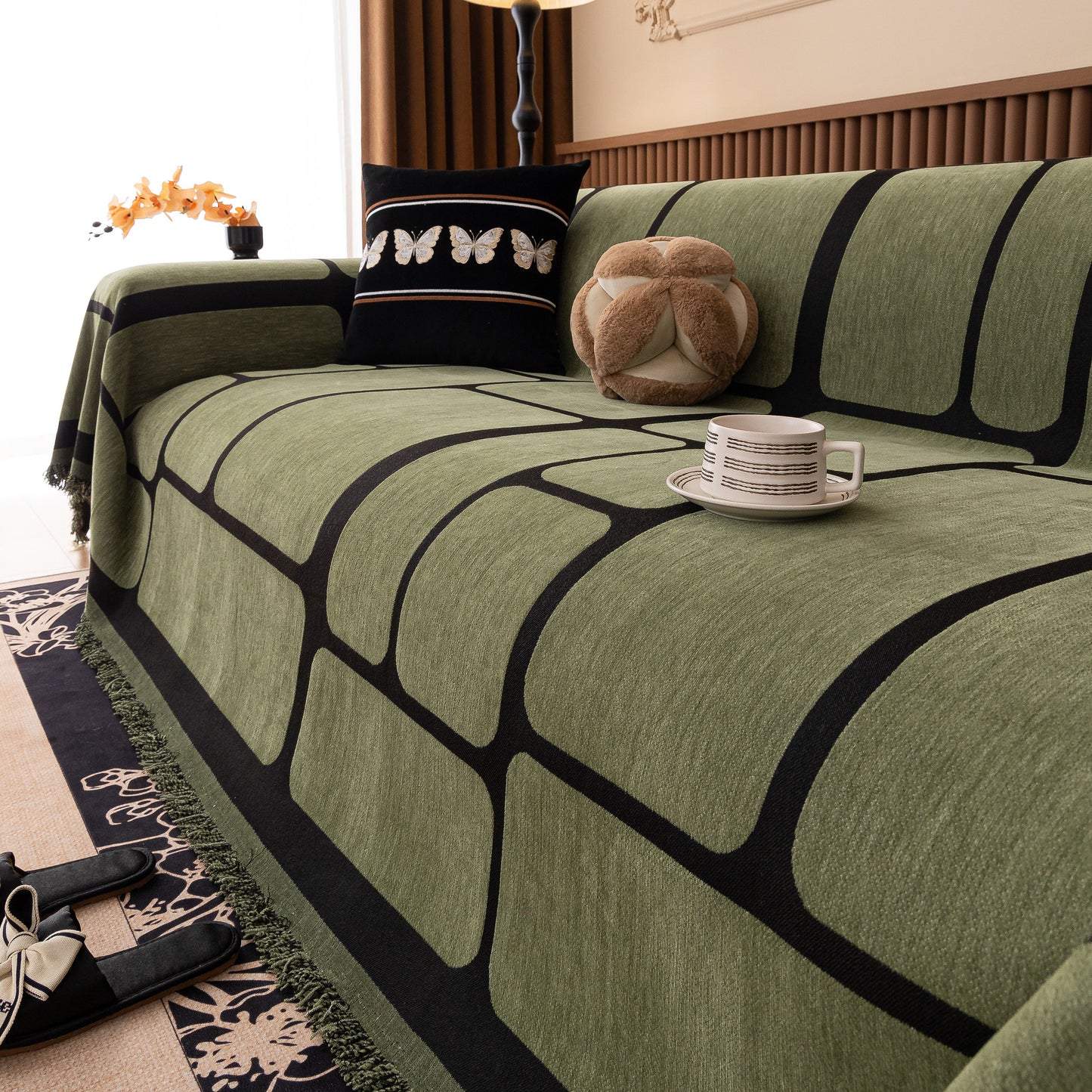 Modern Geometric Sofa Cover Decorative Couch Throw Blanket Furniture Protector on chenille sofa with tassels.