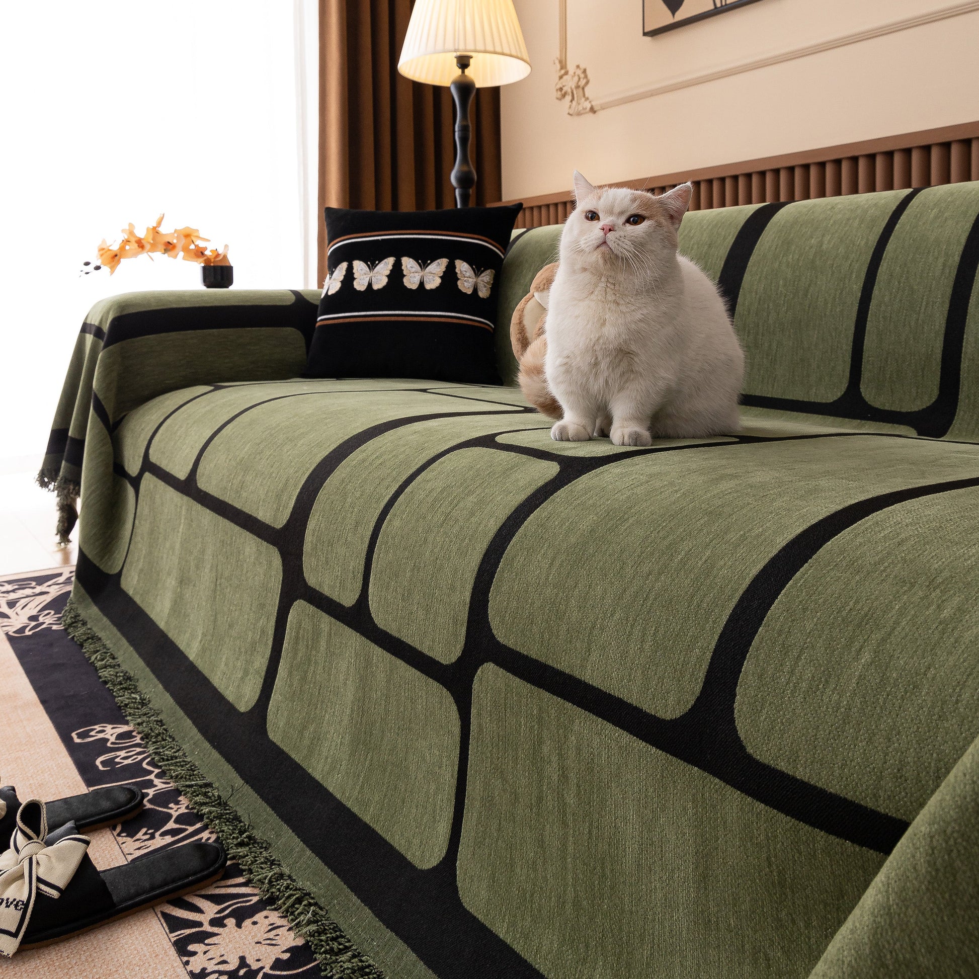 Modern Geometric Sofa Cover Decorative Couch Throw Blanket Furniture Protector on sofa with cat sitting on it