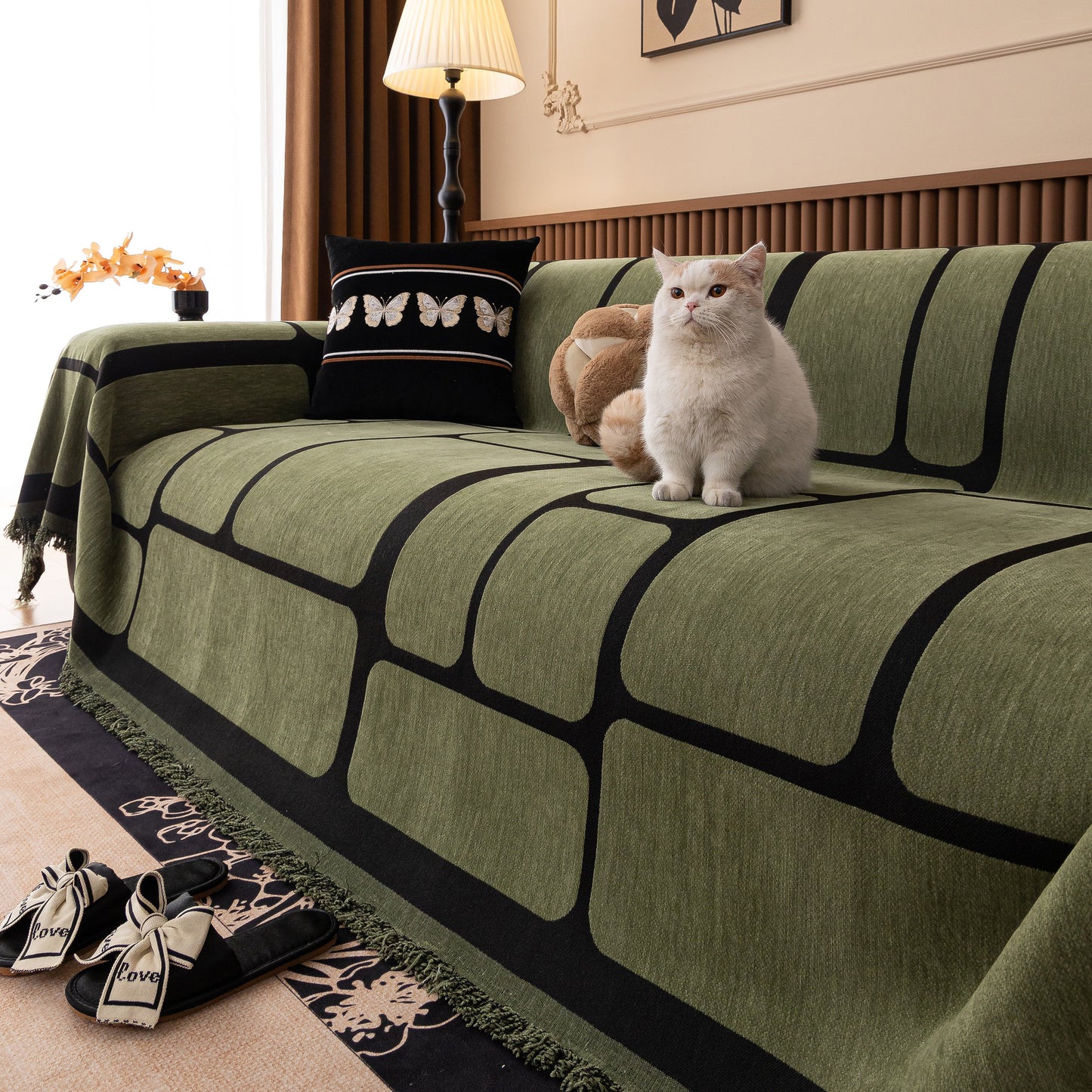 Modern Geometric Sofa Cover Decorative Couch Throw Blanket Furniture Protector with tassel edges and geometric pattern