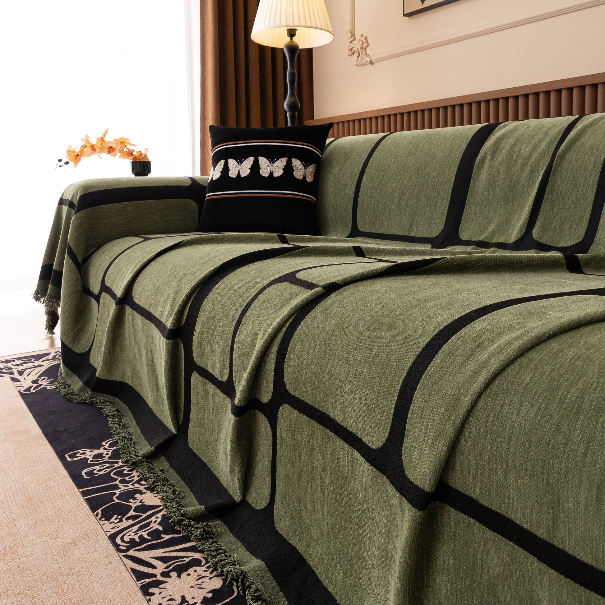 Modern Geometric Sofa Cover Decorative Couch Throw Blanket Furniture Protector with tassel edges on green chenille fabric