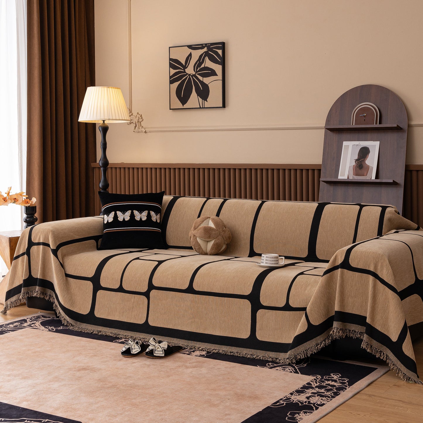 Living room with Modern Geometric Sofa Cover Decorative Couch Throw Blanket Furniture Protector on beige sofa