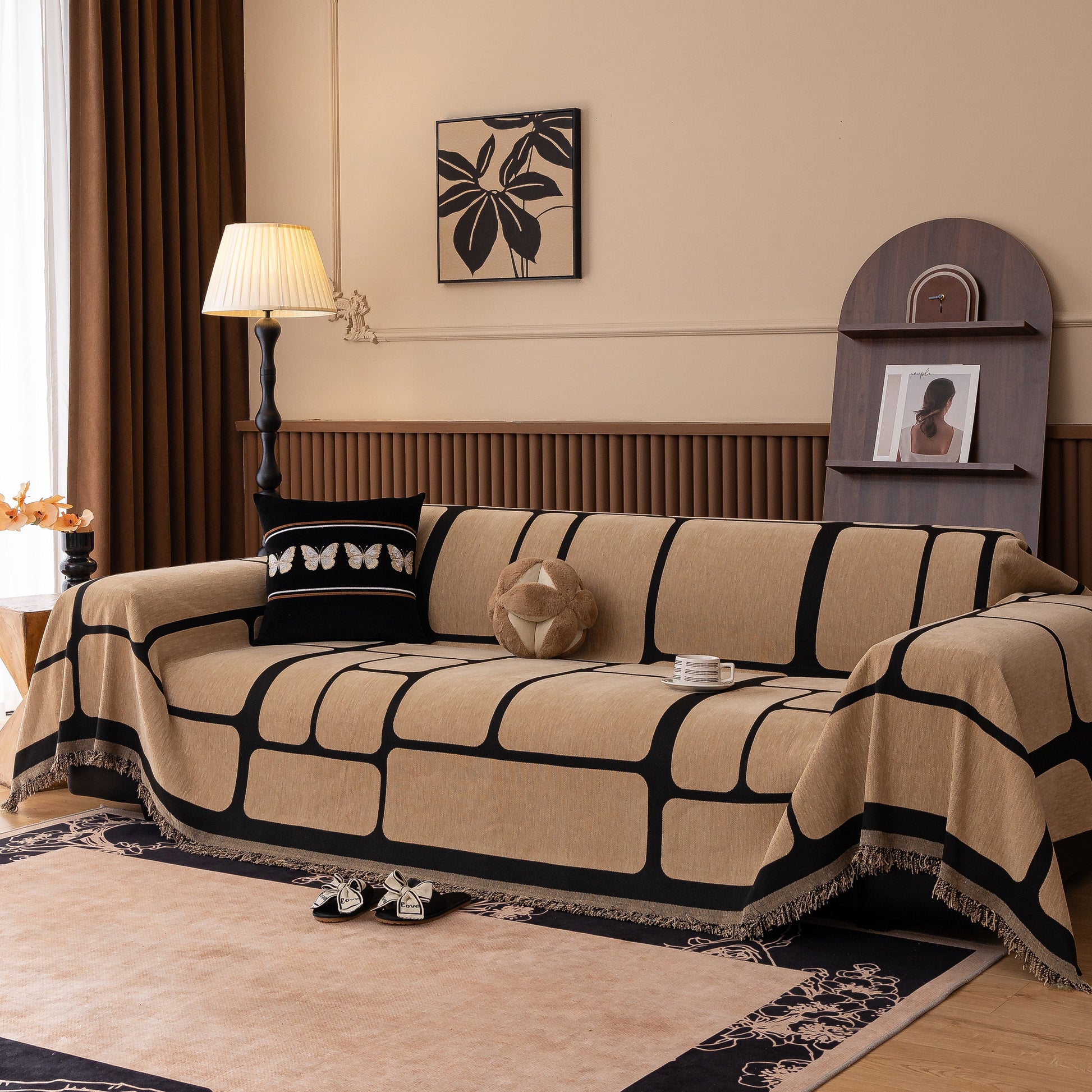 Living room with Modern Geometric Sofa Cover Decorative Couch Throw Blanket Furniture Protector on beige sofa