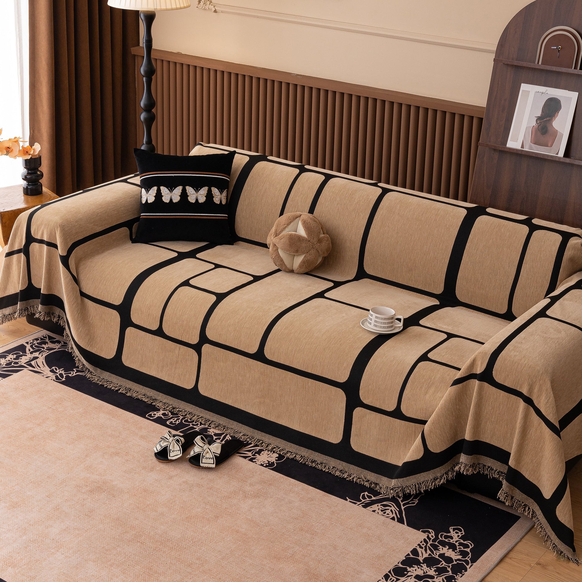 Modern Geometric Sofa Cover Decorative Couch Throw Blanket Furniture Protector in a stylish living room setting with tasseled edges
