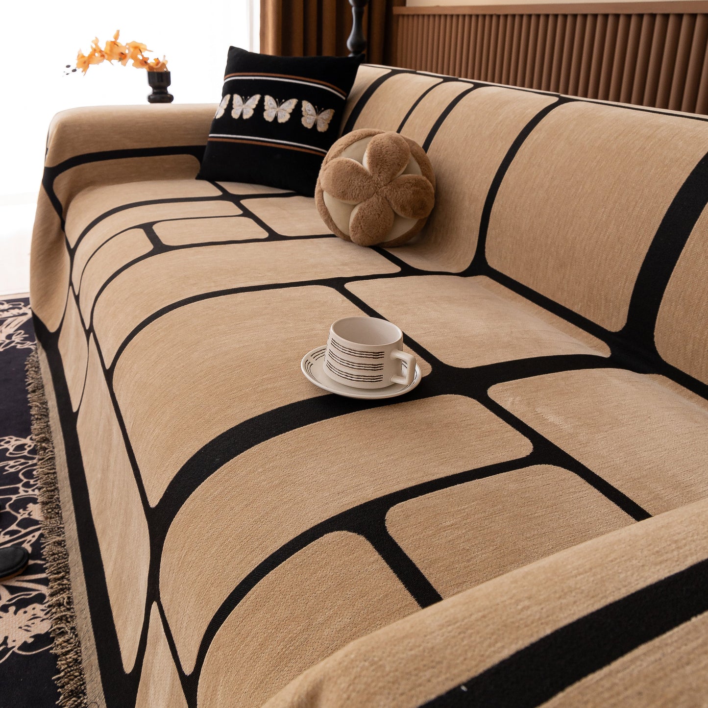 Modern Geometric Sofa Cover Decorative Couch Throw Blanket Furniture Protector in beige with black geometric pattern.