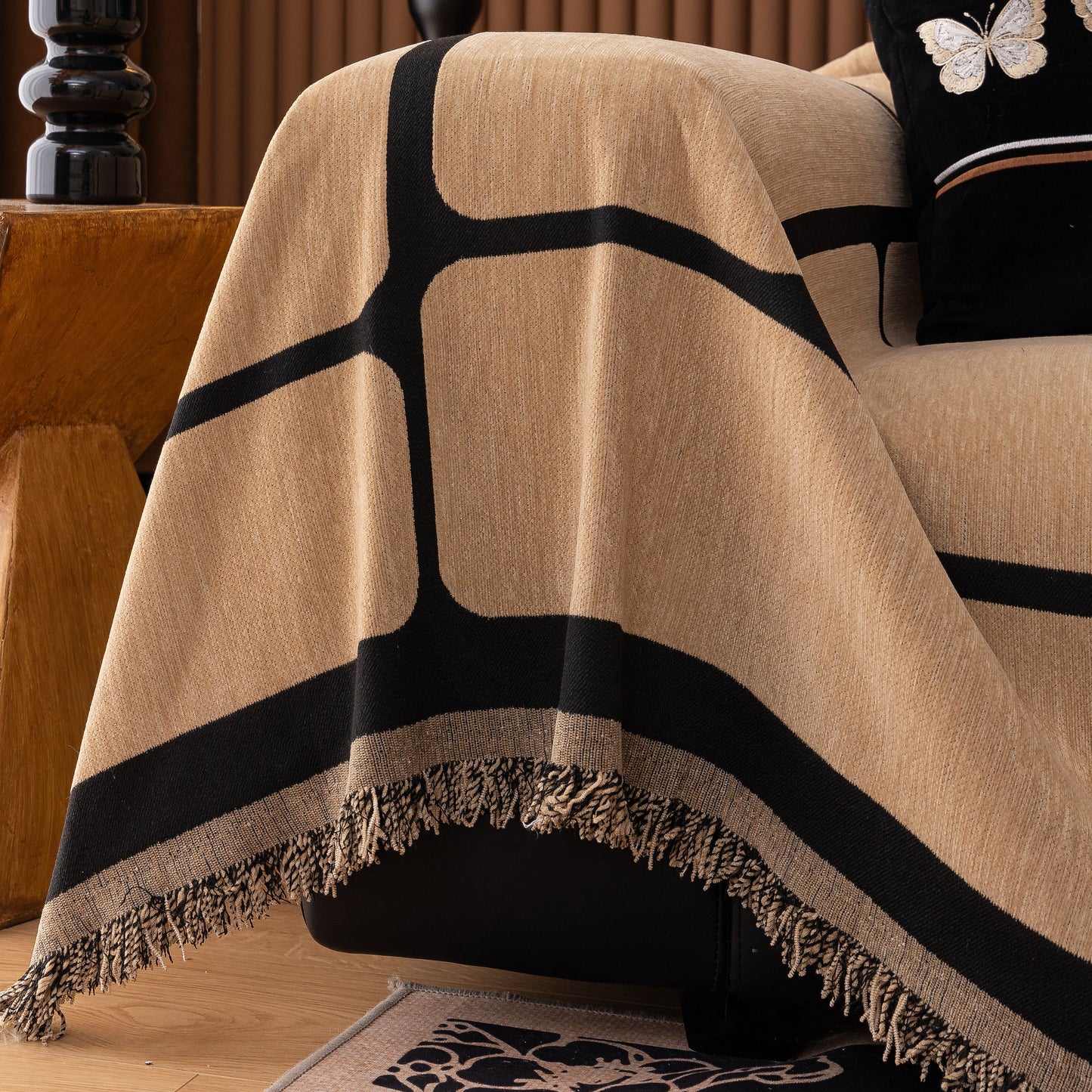 Modern Geometric Sofa Cover Decorative Couch Throw Blanket Furniture Protector with tassel edges and geometric pattern.