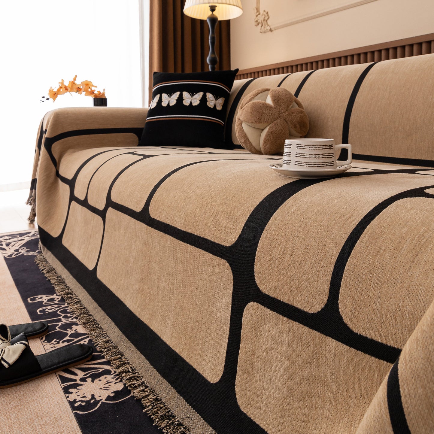 Modern Geometric Sofa Cover Decorative Couch Throw Blanket Furniture Protector on beige sofa with black geometric patterns