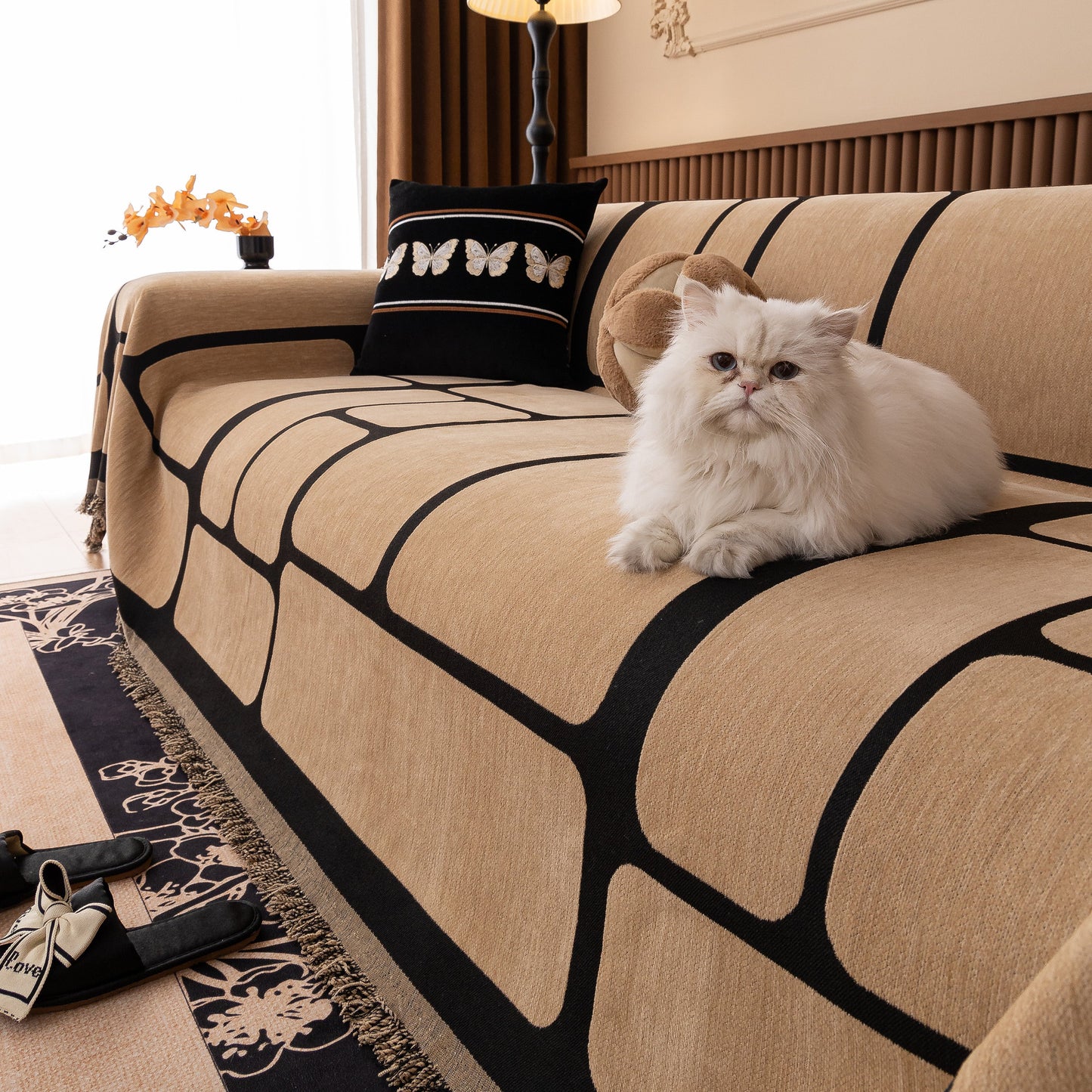 Modern Geometric Sofa Cover Decorative Couch Throw Blanket Furniture Protector on couch with cat.