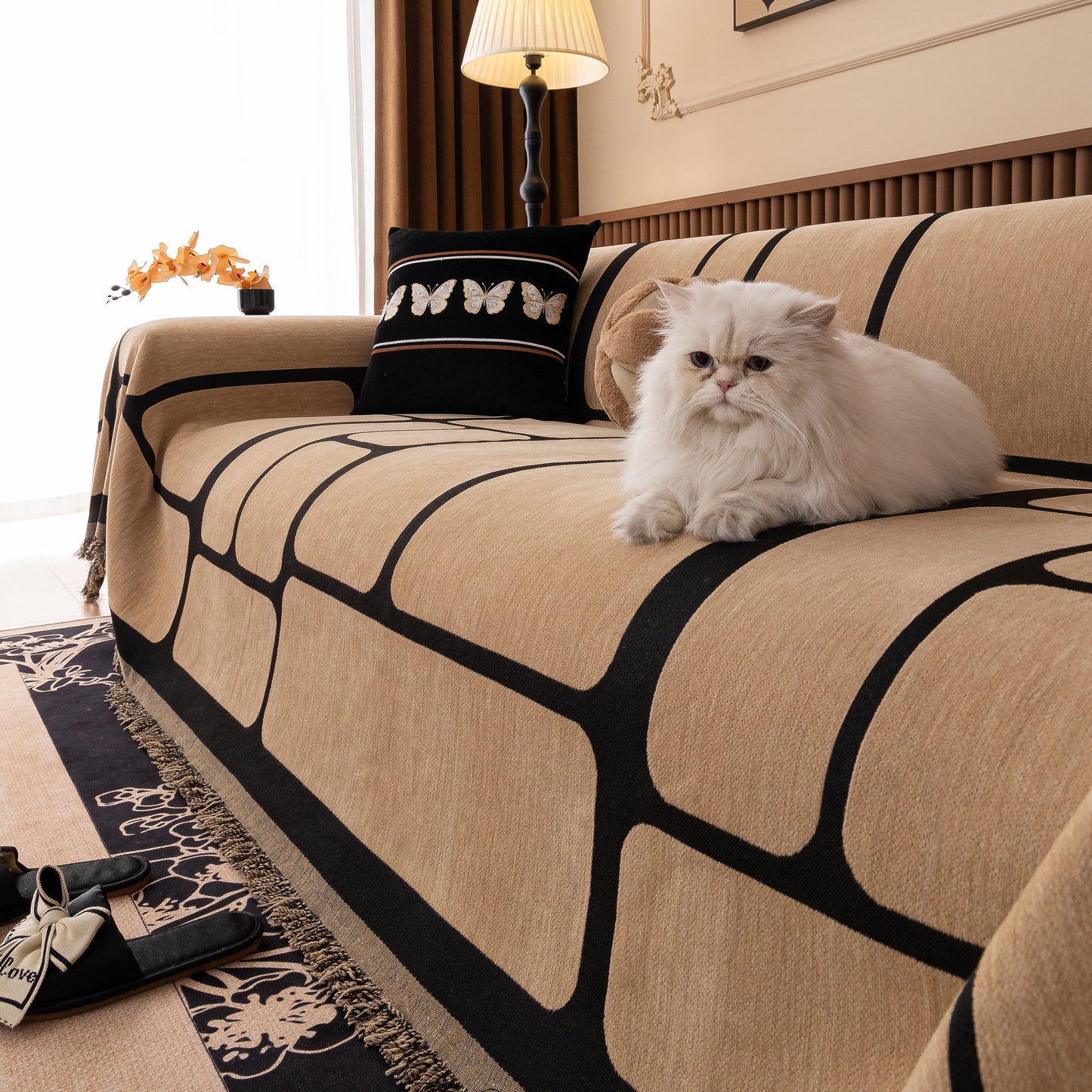 Modern Geometric Sofa Cover Decorative Couch Throw Blanket Furniture Protector on a couch with a white cat.