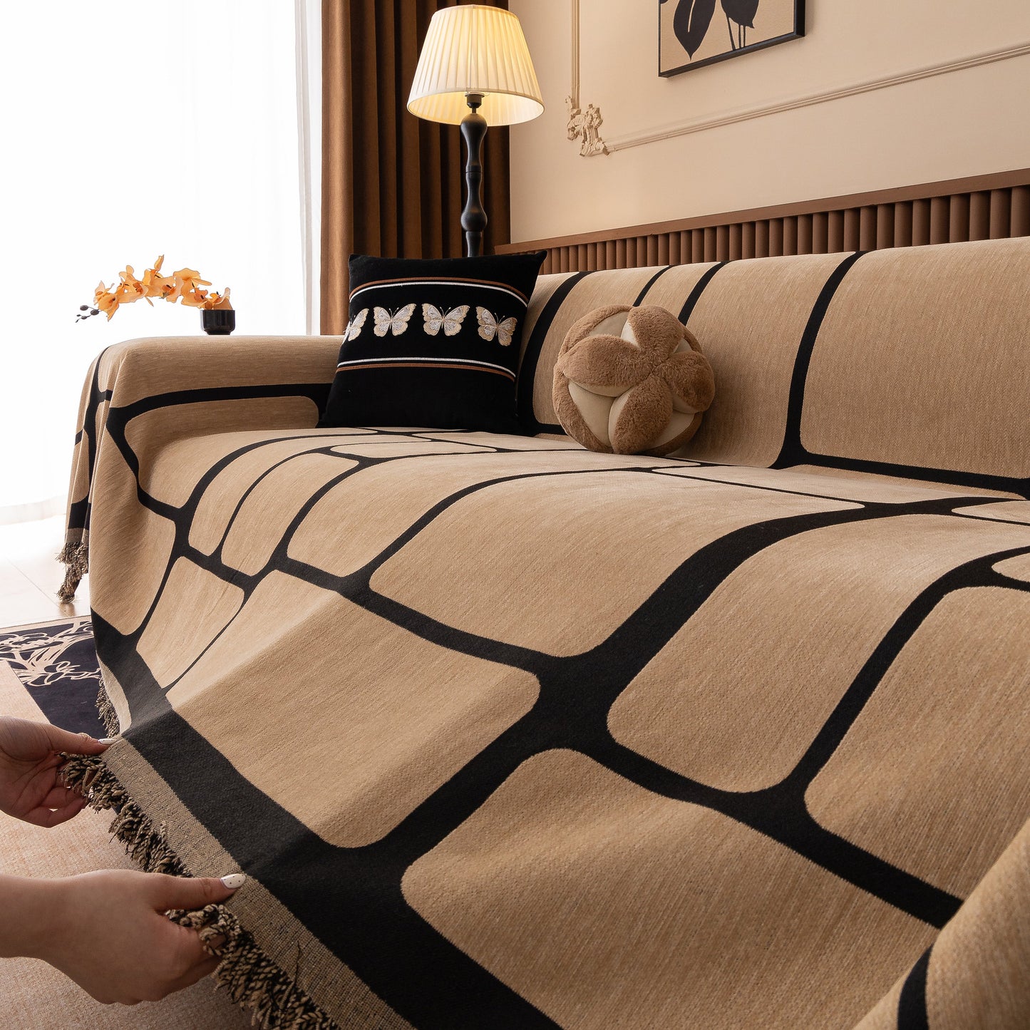Modern Geometric Sofa Cover Decorative Couch Throw Blanket Furniture Protector with tassel edges on beige sofa