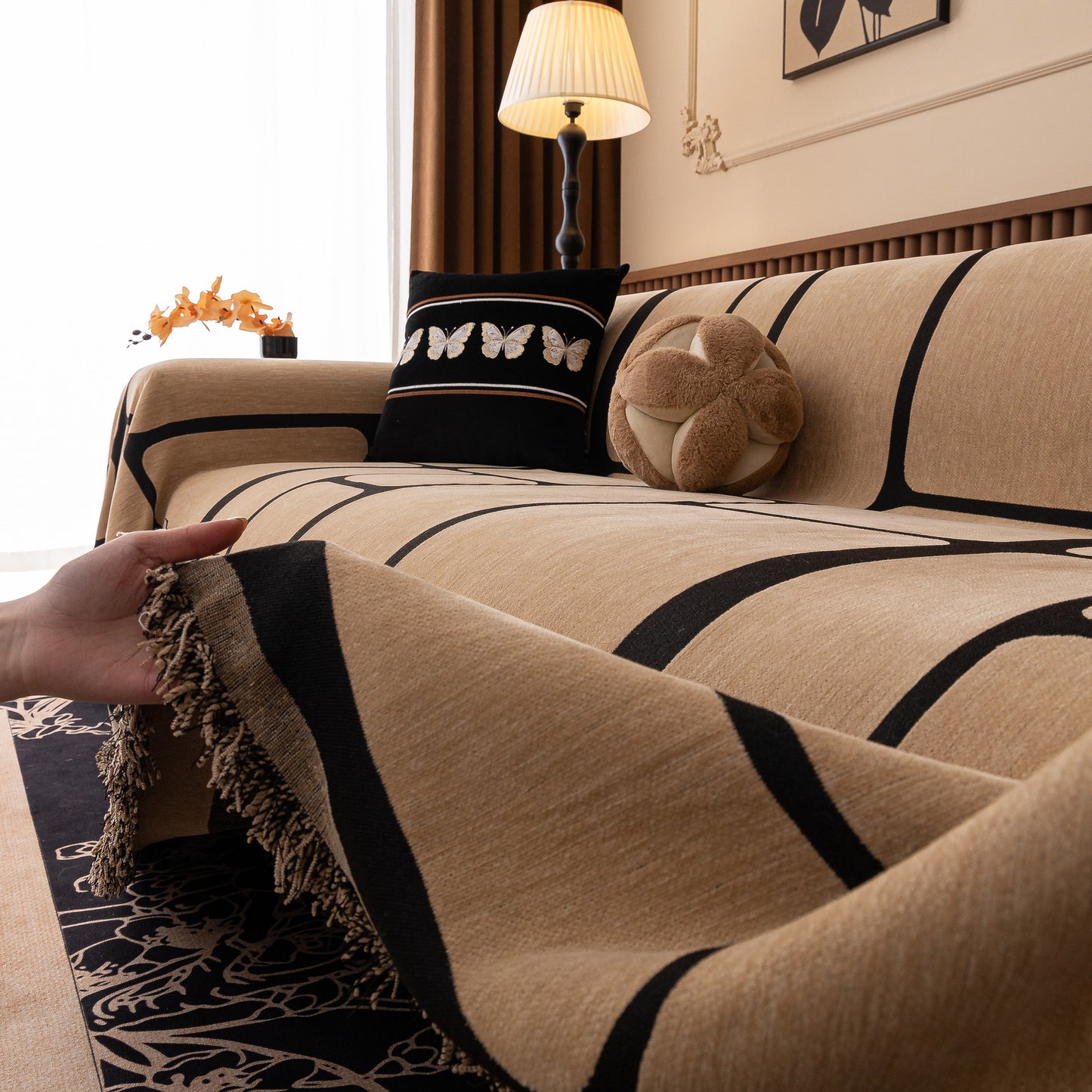 Modern Geometric Sofa Cover Decorative Couch Throw Blanket Furniture Protector with tassel edges in elegant living room setting