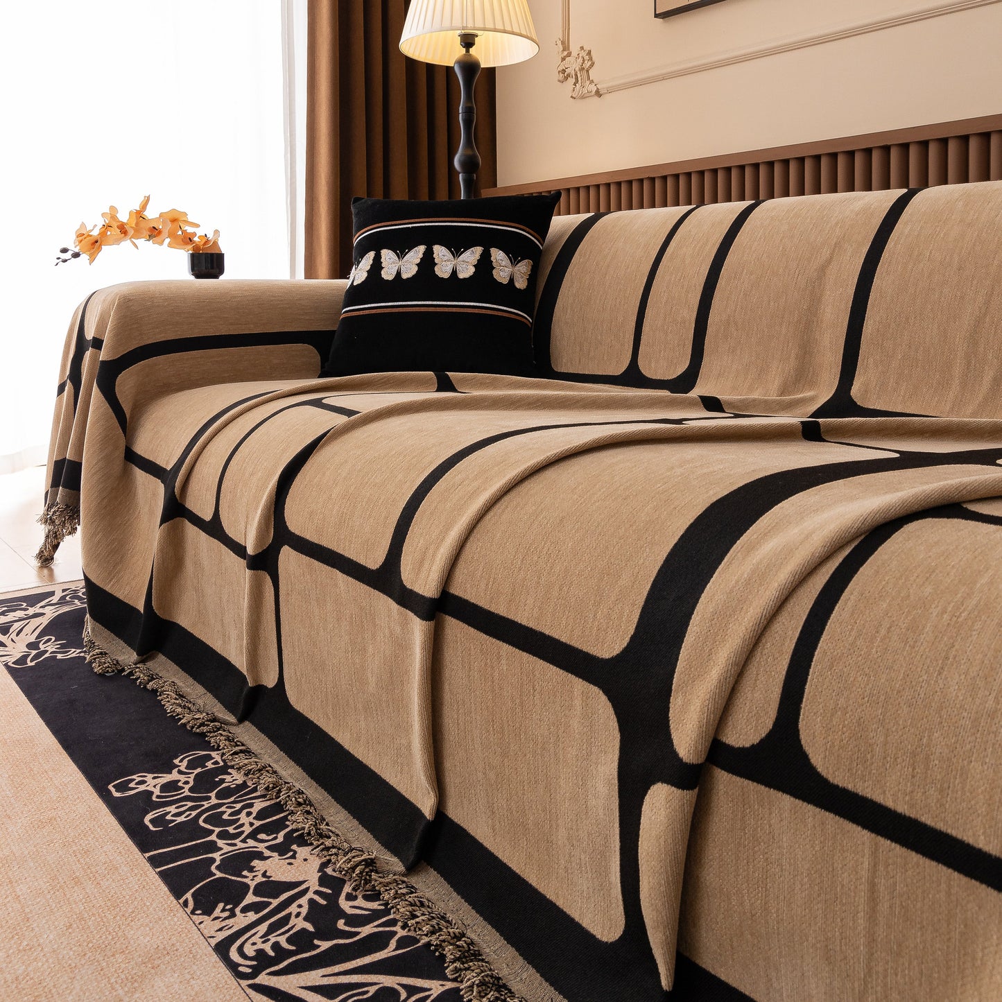 Modern Geometric Sofa Cover Decorative Couch Throw Blanket Furniture Protector in high-quality chenille fabric with tassels