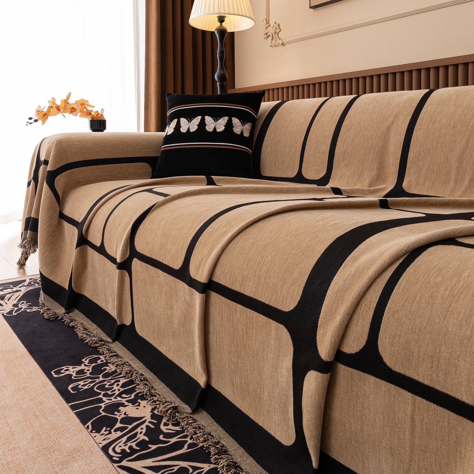 Modern Geometric Sofa Cover Decorative Couch Throw Blanket Furniture Protector in high-quality chenille fabric with tassels