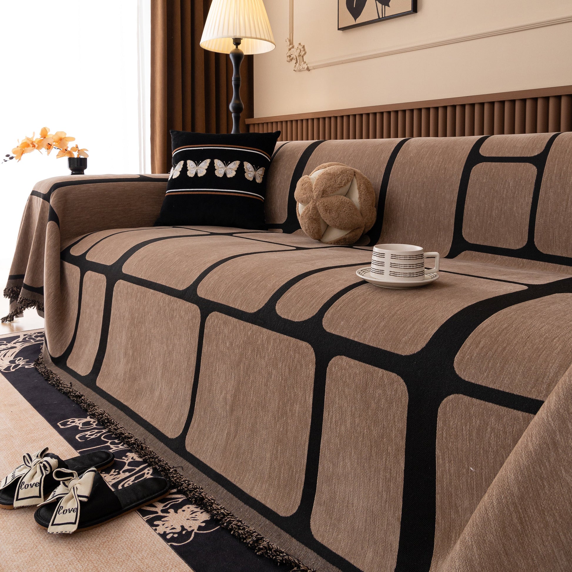 Modern Geometric Sofa Cover Decorative Couch Throw Blanket Furniture Protector on a couch in a living room setting.