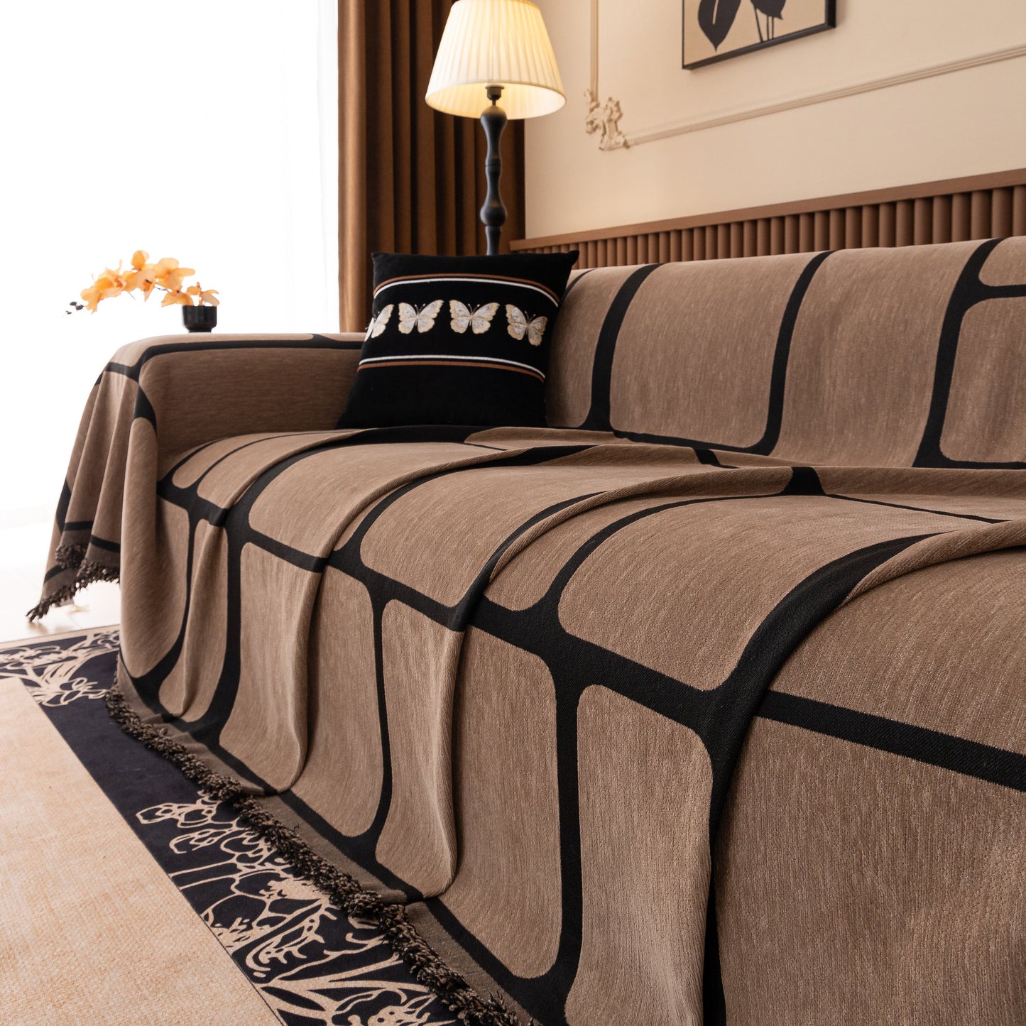 Modern Geometric Sofa Cover Decorative Couch Throw Blanket Furniture Protector with chenille fabric and tassel edges in living room