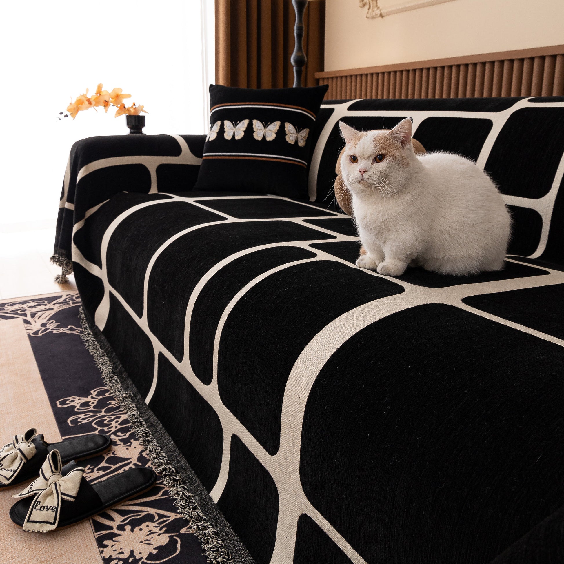 Modern Geometric Sofa Cover Decorative Couch Throw Blanket Furniture Protector with cat on black and white geometric pattern