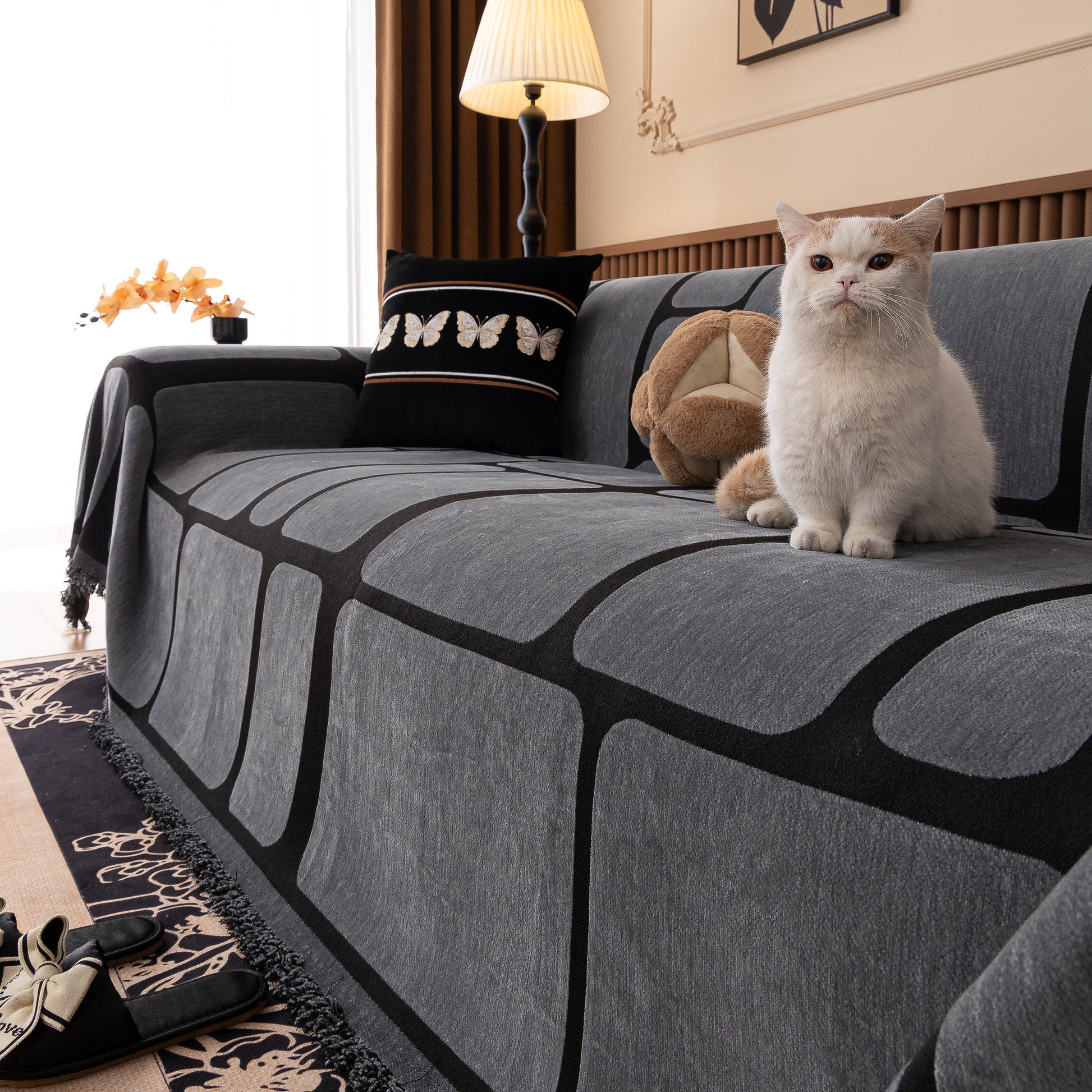 Modern Geometric Sofa Cover Decorative Couch Throw Blanket Furniture Protector on stylish sofa with cat.