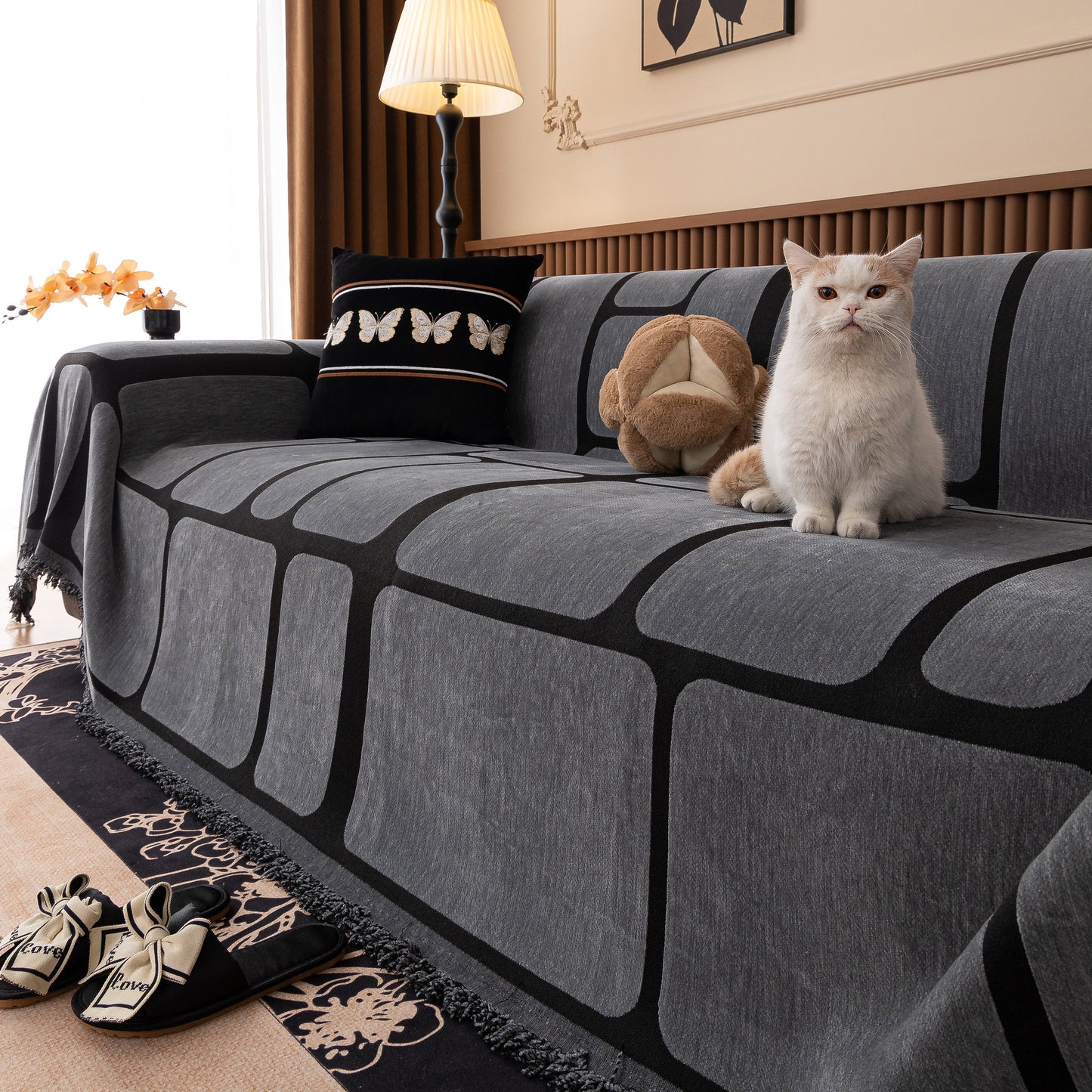 Modern Geometric Sofa Cover Decorative Couch Throw Blanket Furniture Protector in living room setting with cat and pillows