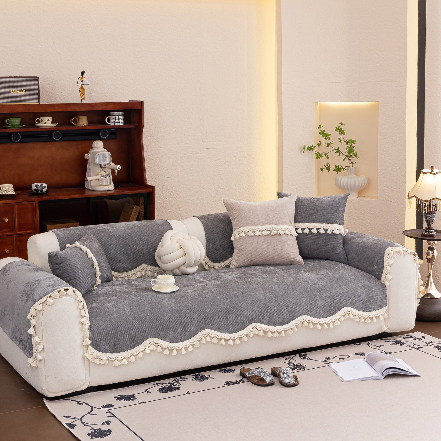 Chenille Sofa Cover Towel – Non-Slip, Washable Pets Couch Protector with Tassels in a living room setting