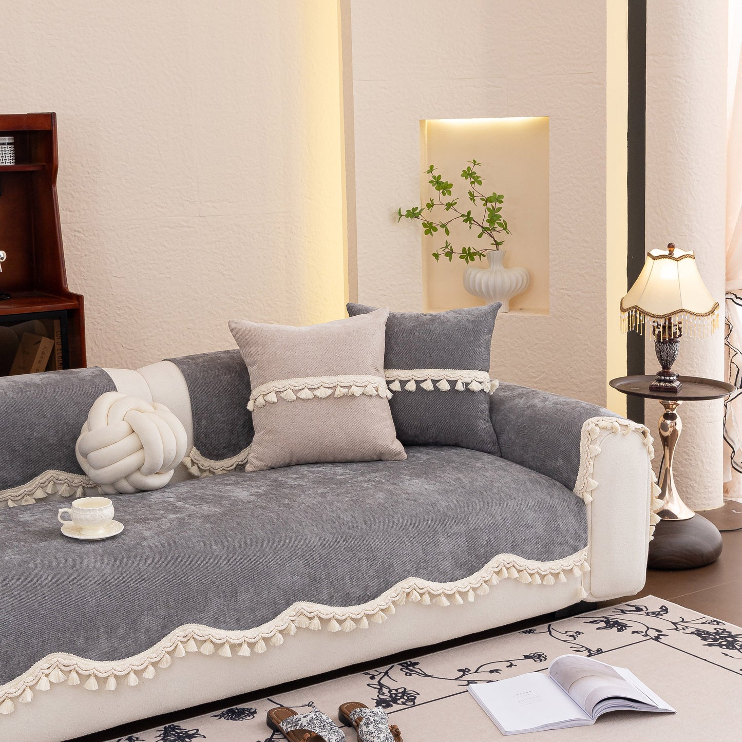 Chenille Sofa Cover Towel – Non-Slip, Washable Pets Couch Protector with Tassels in elegant living room setting